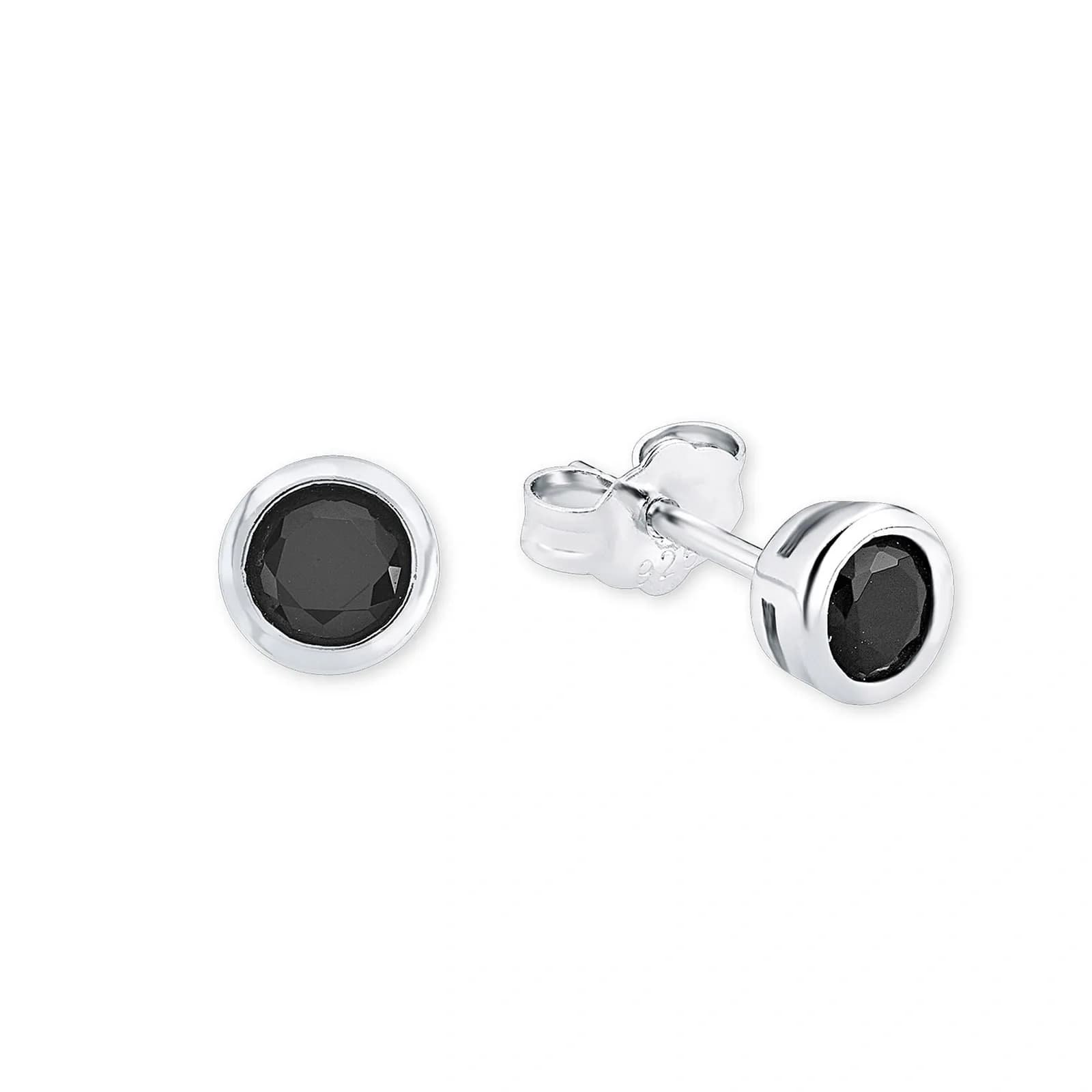 Silverörhängen, studs runda med svarta stenar - 5 mm