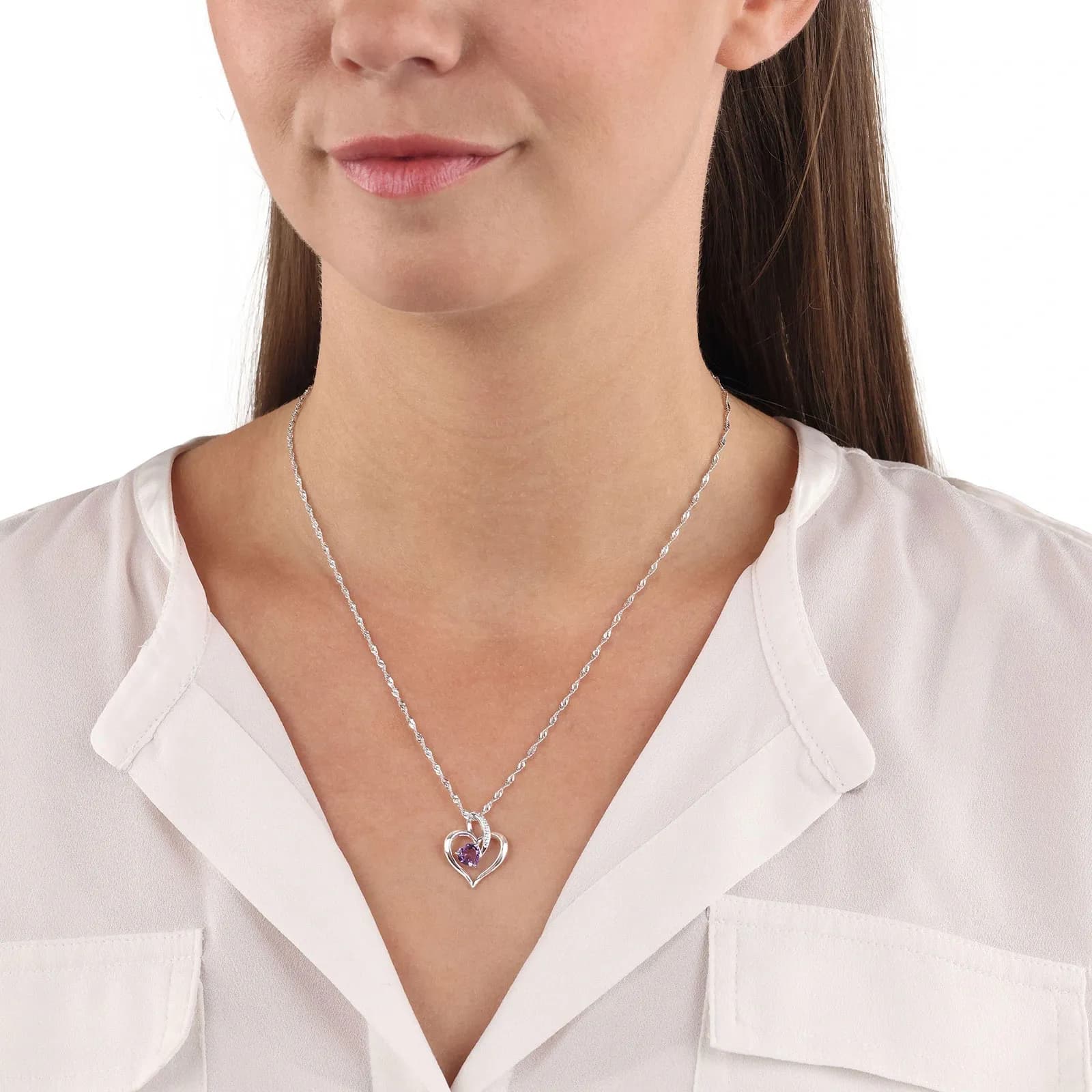 Silverhalsband, hjärta med lila stenar - 45 cm 3