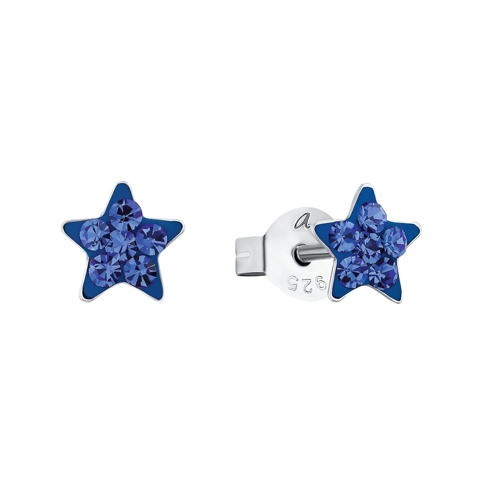 Silverörhängen barn, studs blå stjärnor - 6 mm