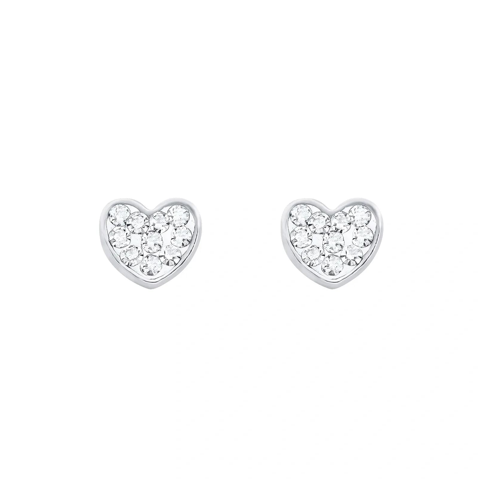 Silverörhängen, studs hjärta med vita stenar - 6 mm