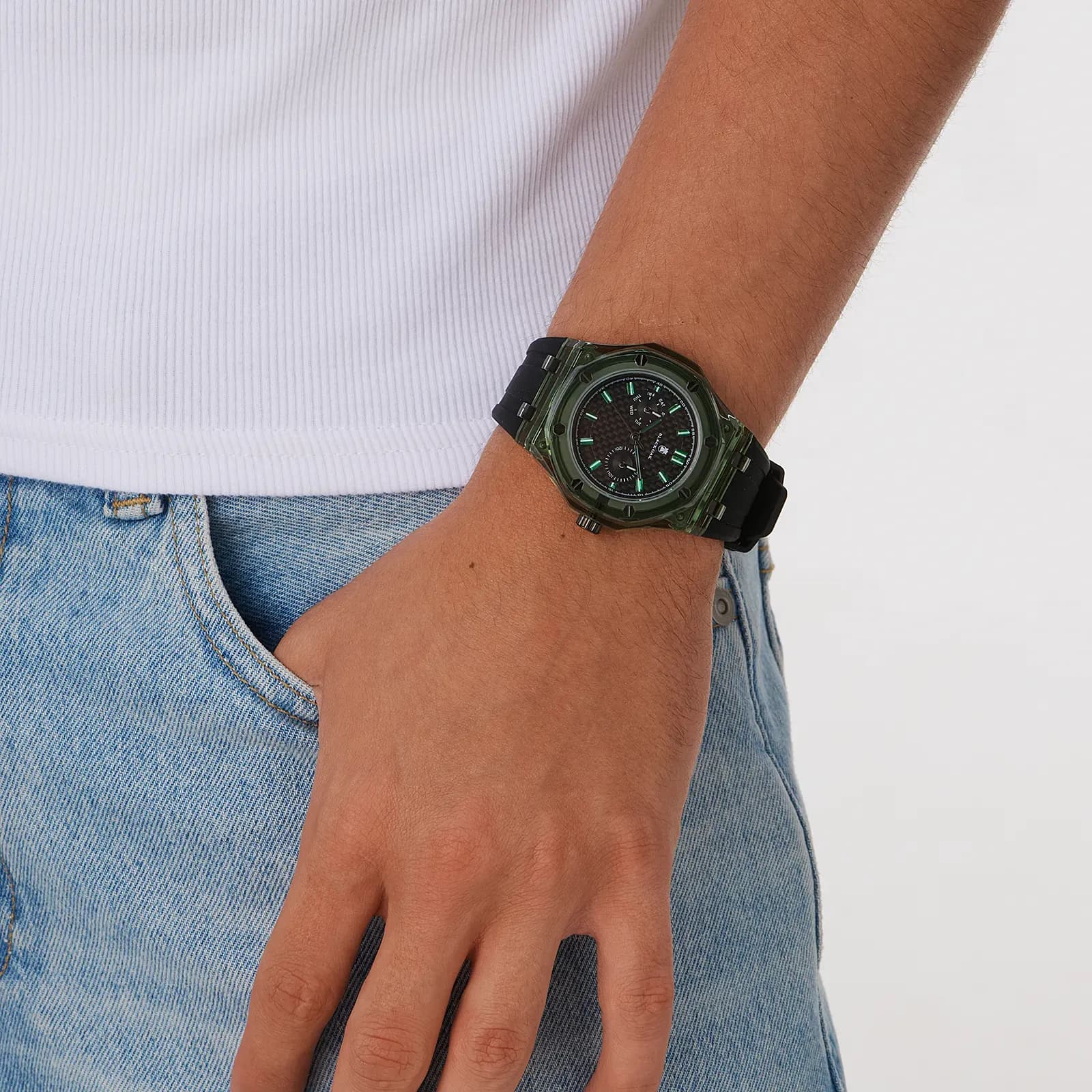 Black Oak herrklocka svart/grön gummiband - B88461-437 2