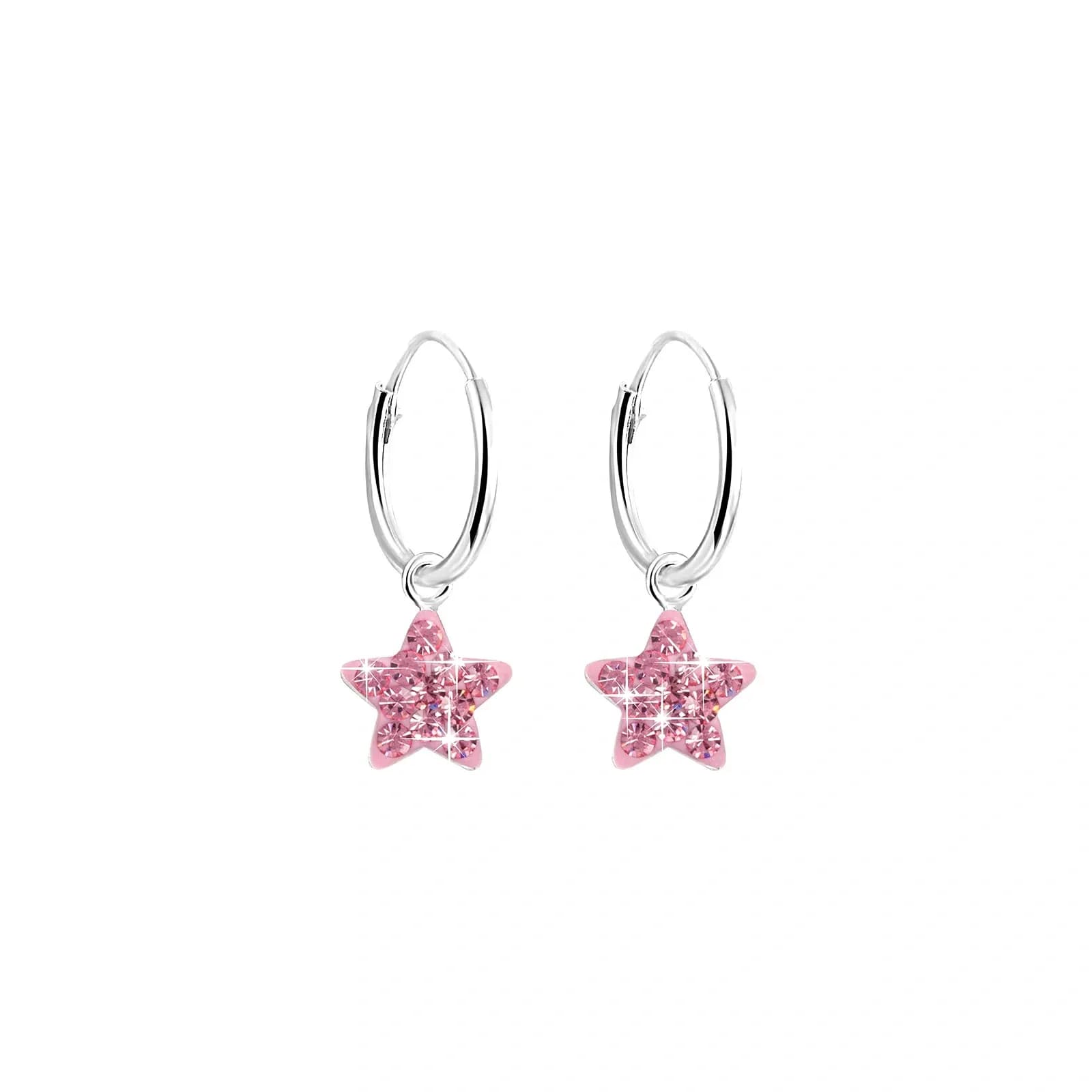 Silverörhängen för barn - hoops, rosa stjärnor, 12 mm