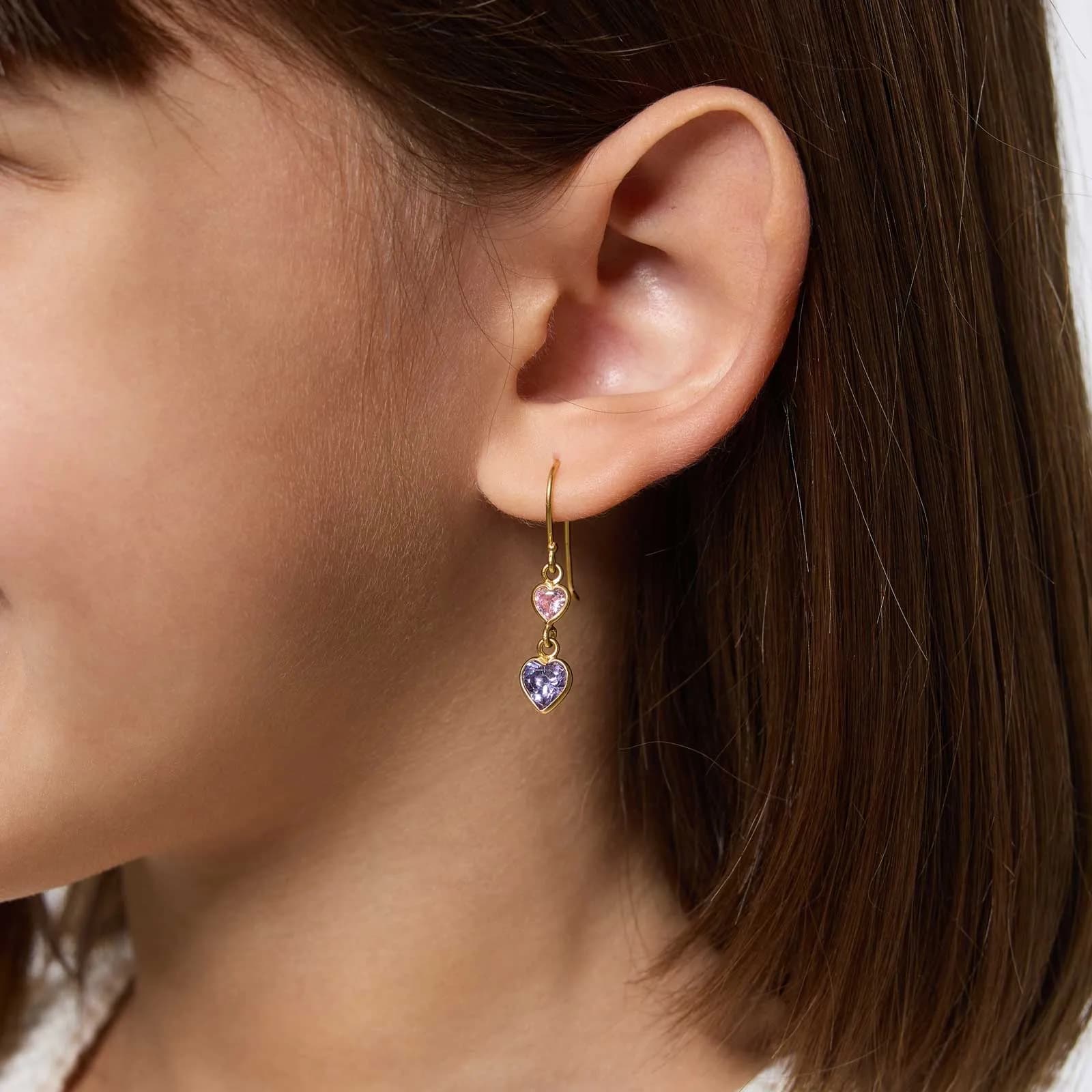 Guldpläterade silverörhängen för barn - rosa/lila hjärtan 2