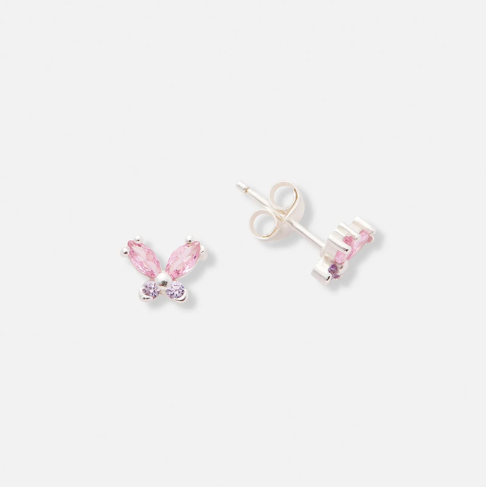 Silverörhängen för barn, fjärilar lila/rosa stenar - 5x7mm