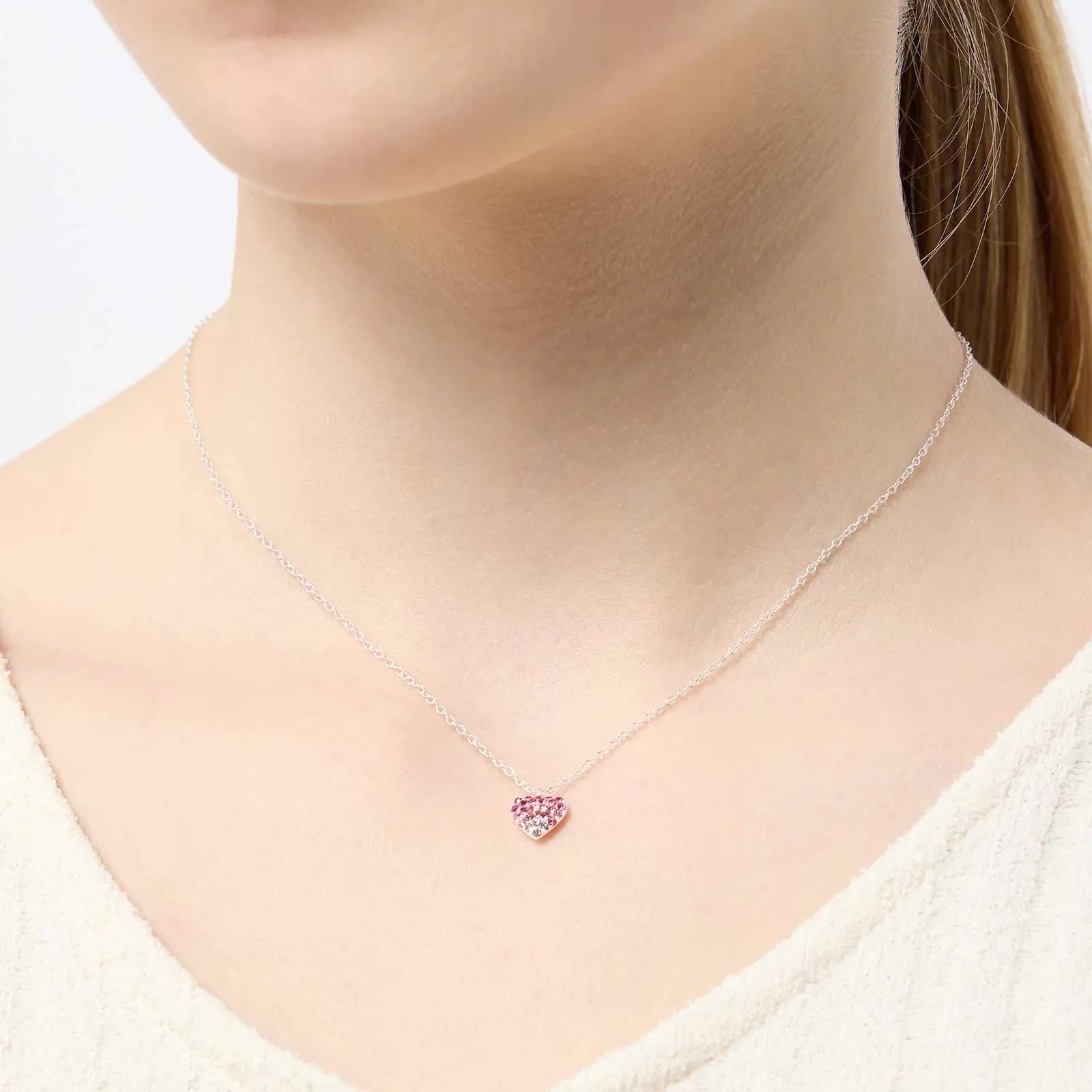 Silverhalsband för barn - hjärta, rosa/vita stenar, 36+2cm 2