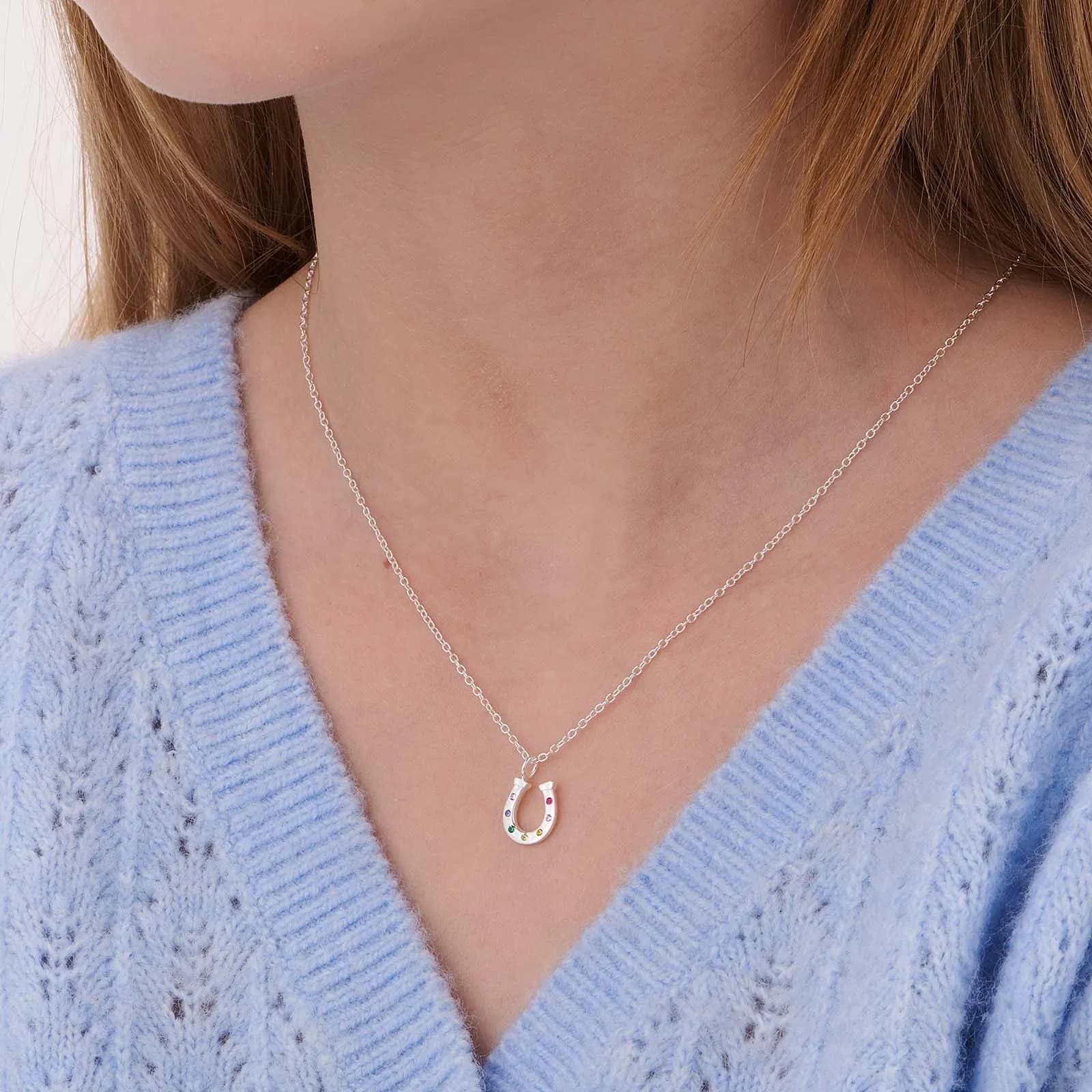 Silverhalsband för barn, hästsko färgade stenar - 36+2cm 2