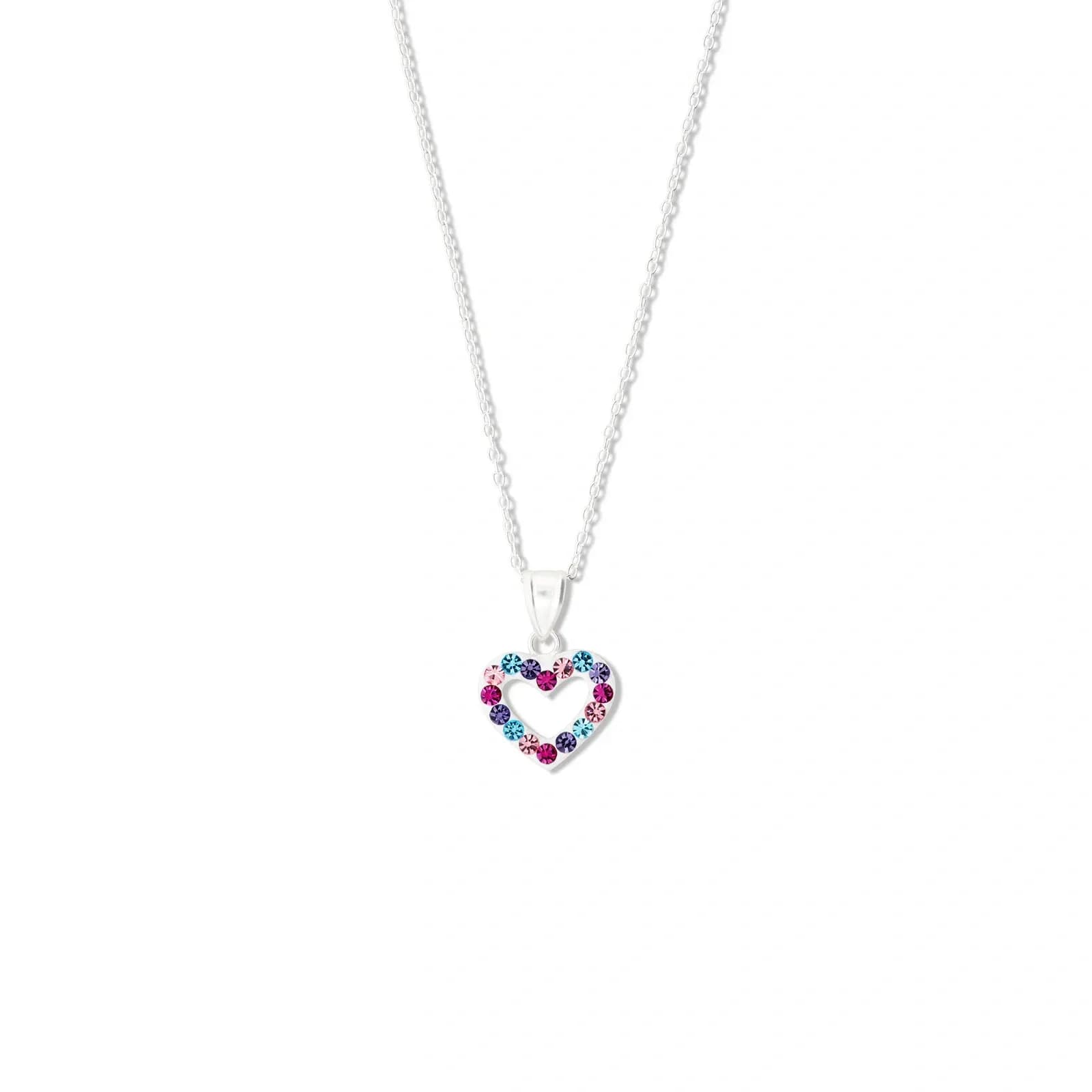 Silverhalsband för barn - hjärta, flerpläterade kristaller, 36+2 cm