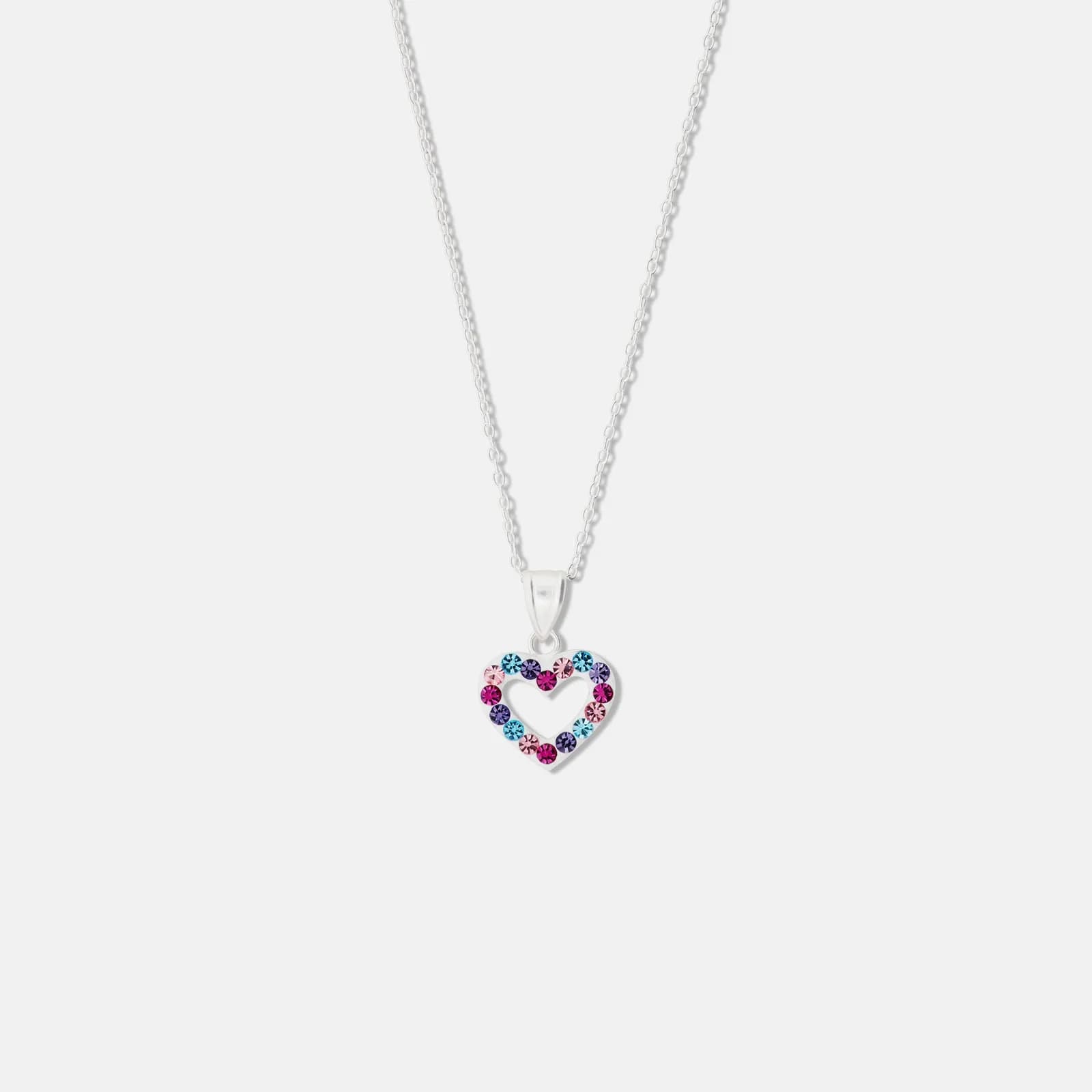 Silverhalsband för barn - hjärta, flerpläterade kristaller, 36+2 cm