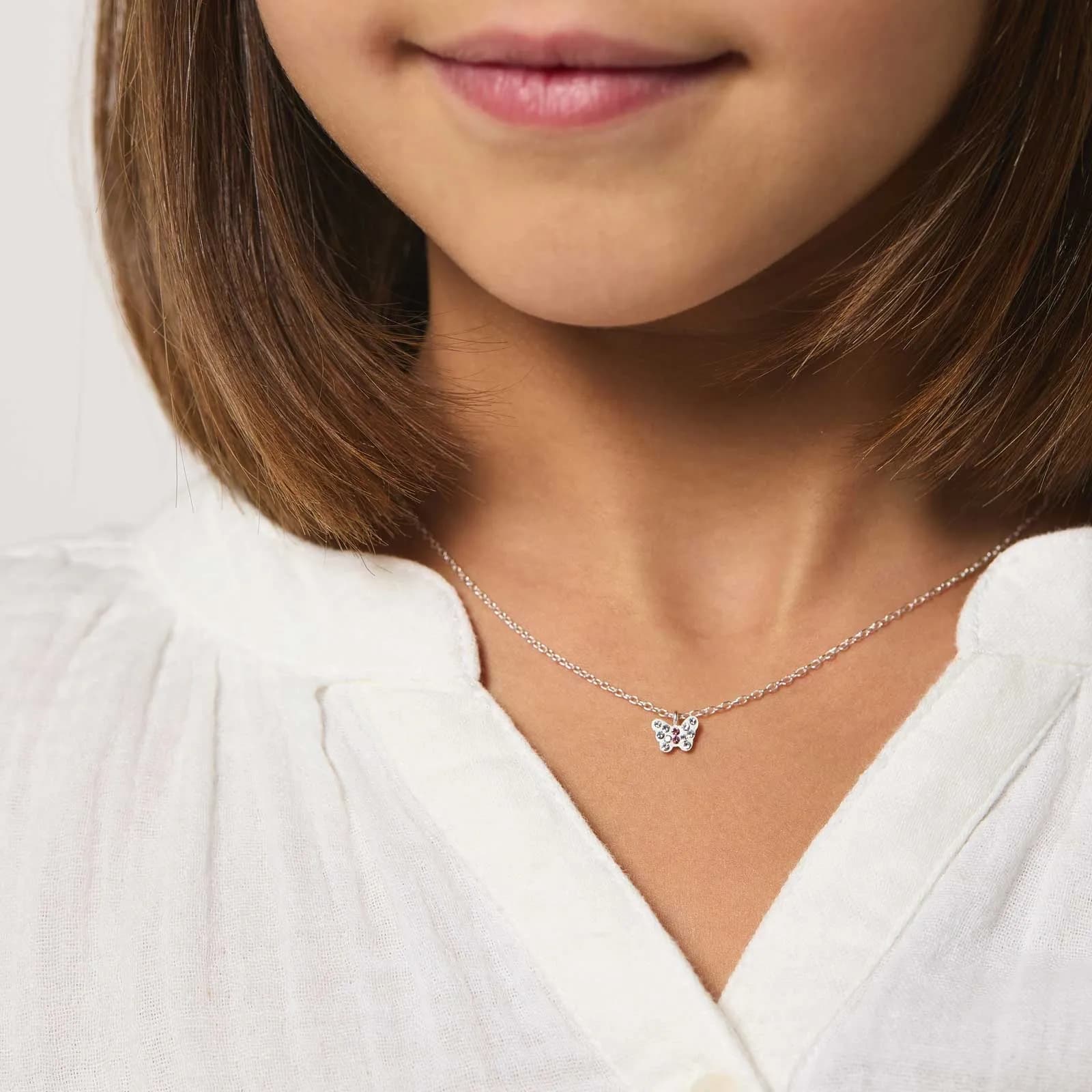 Silverhalsband för barn - vit/rosa fjäril, 36+2cm 2