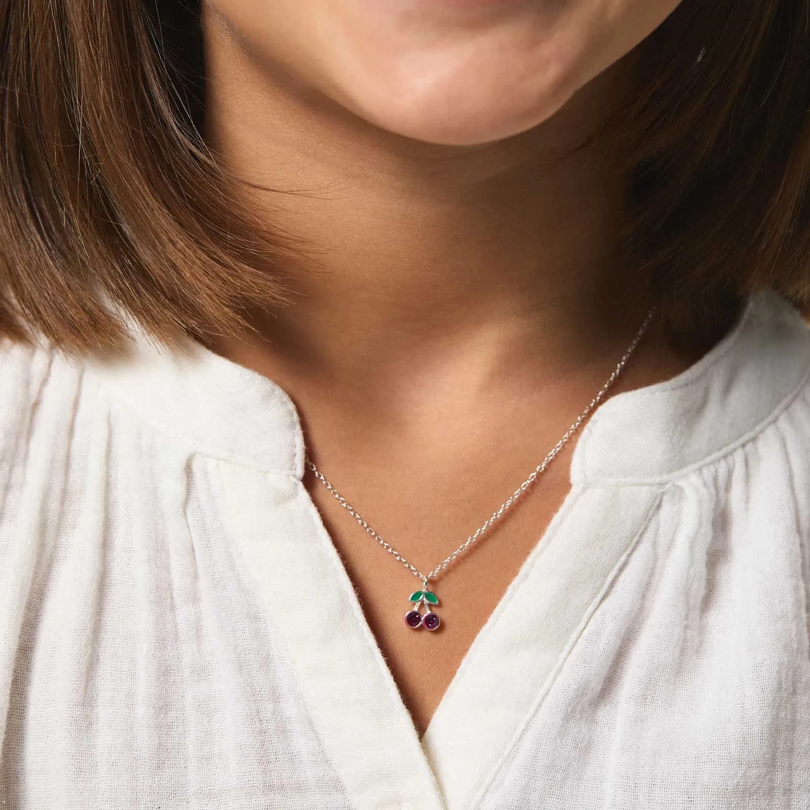 Silverhalsband för barn - körsbär, 36+2 cm