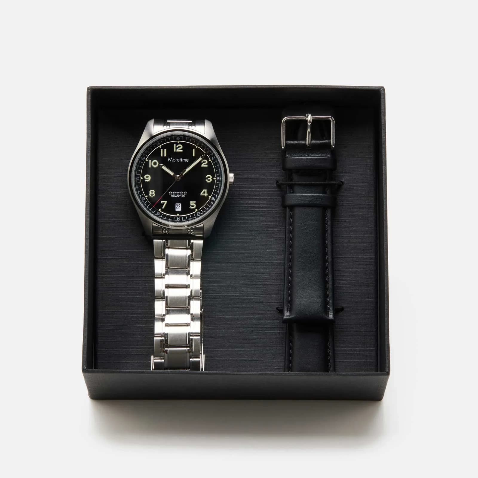 Moretime herrklocka - set med läderband, silver/svart, 40 mm