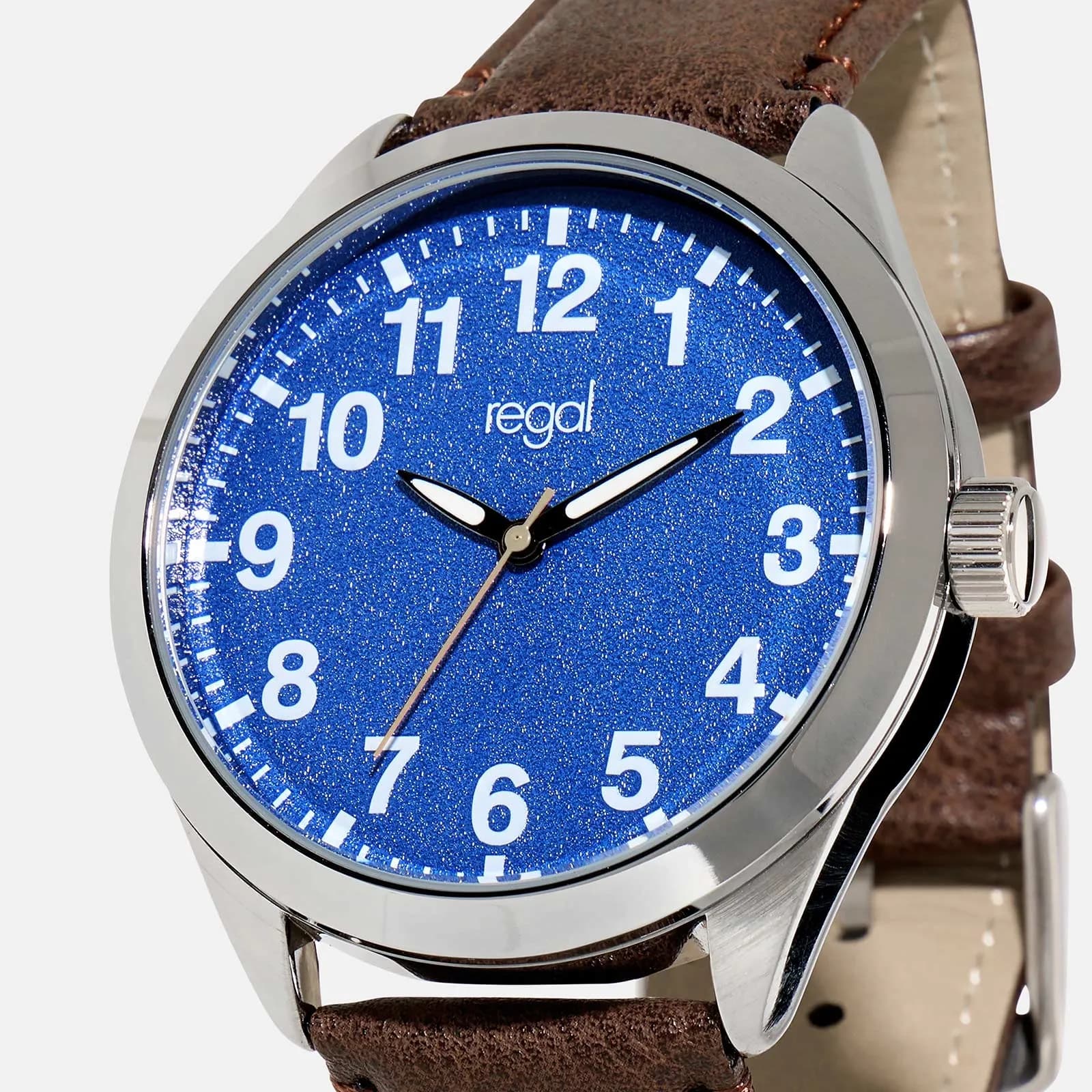 Regal herrklocka - brunt band, silver/blå, 45mm 2
