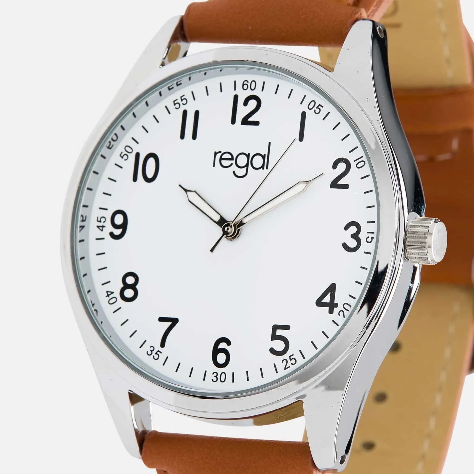 Regal herrklocka -  ljusbrunt band, silverton/vit, 40mm 4