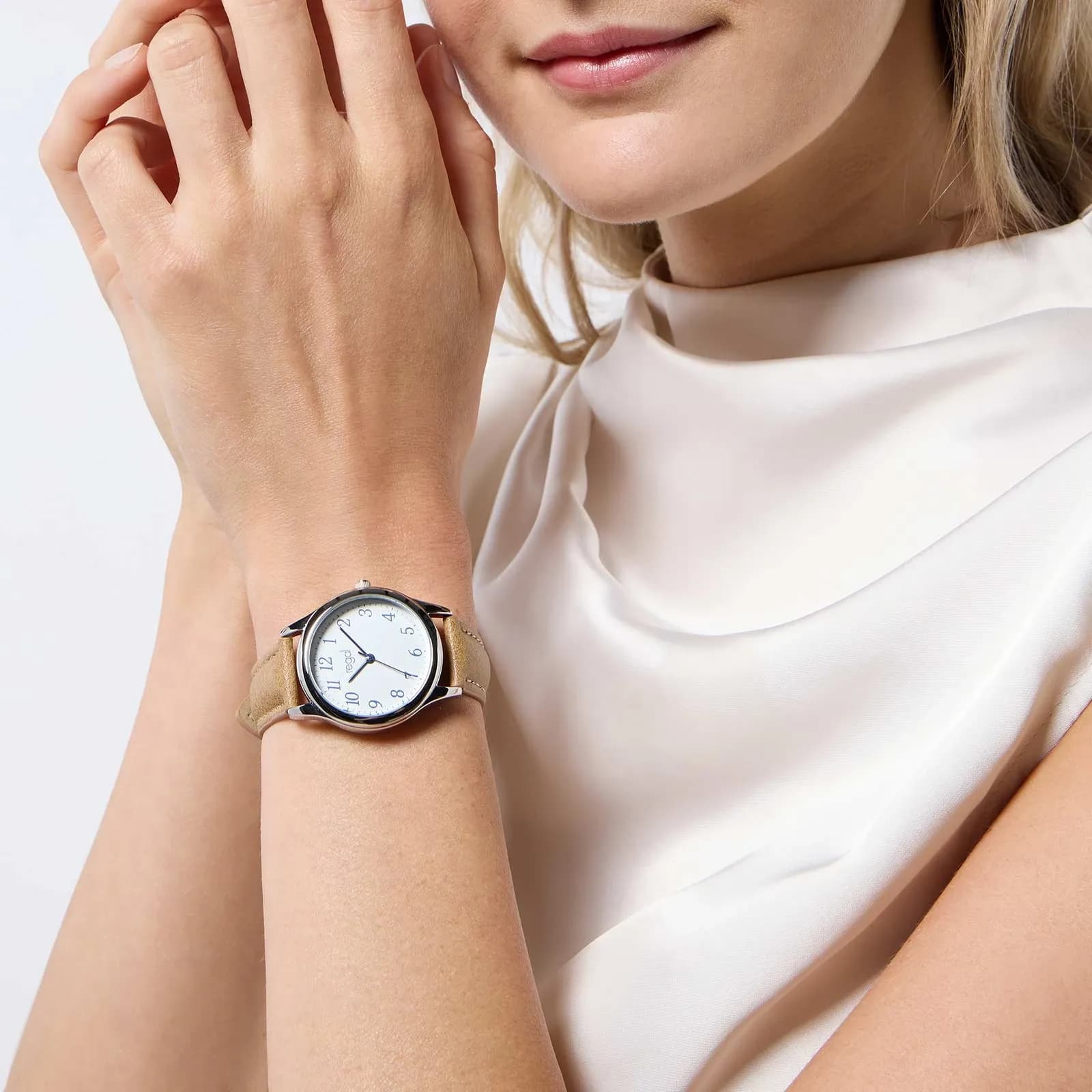 Regal damklocka - beige band, silver/vit, 32mm 3