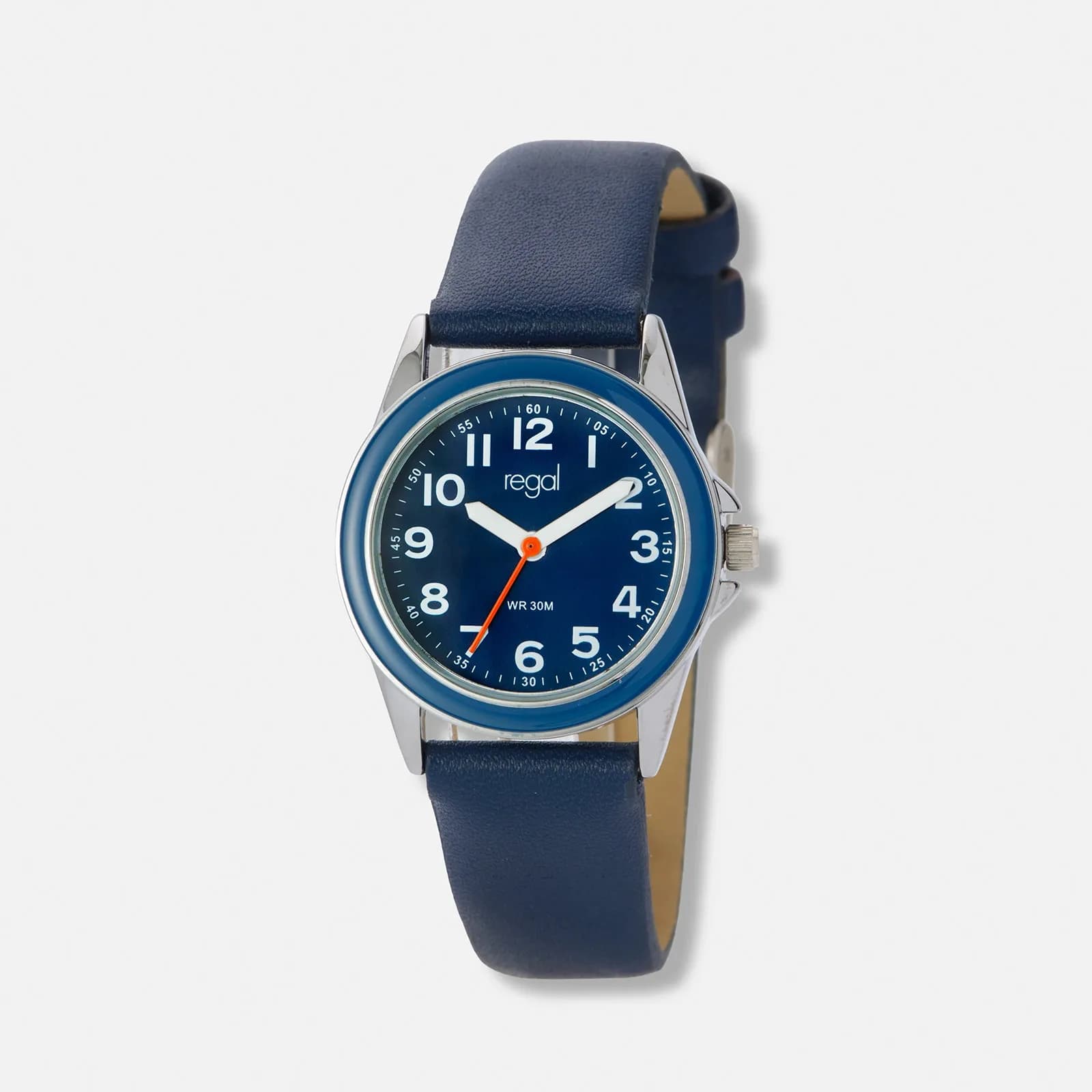 Regal barnklocka, blå tavla & läderband - 29mm