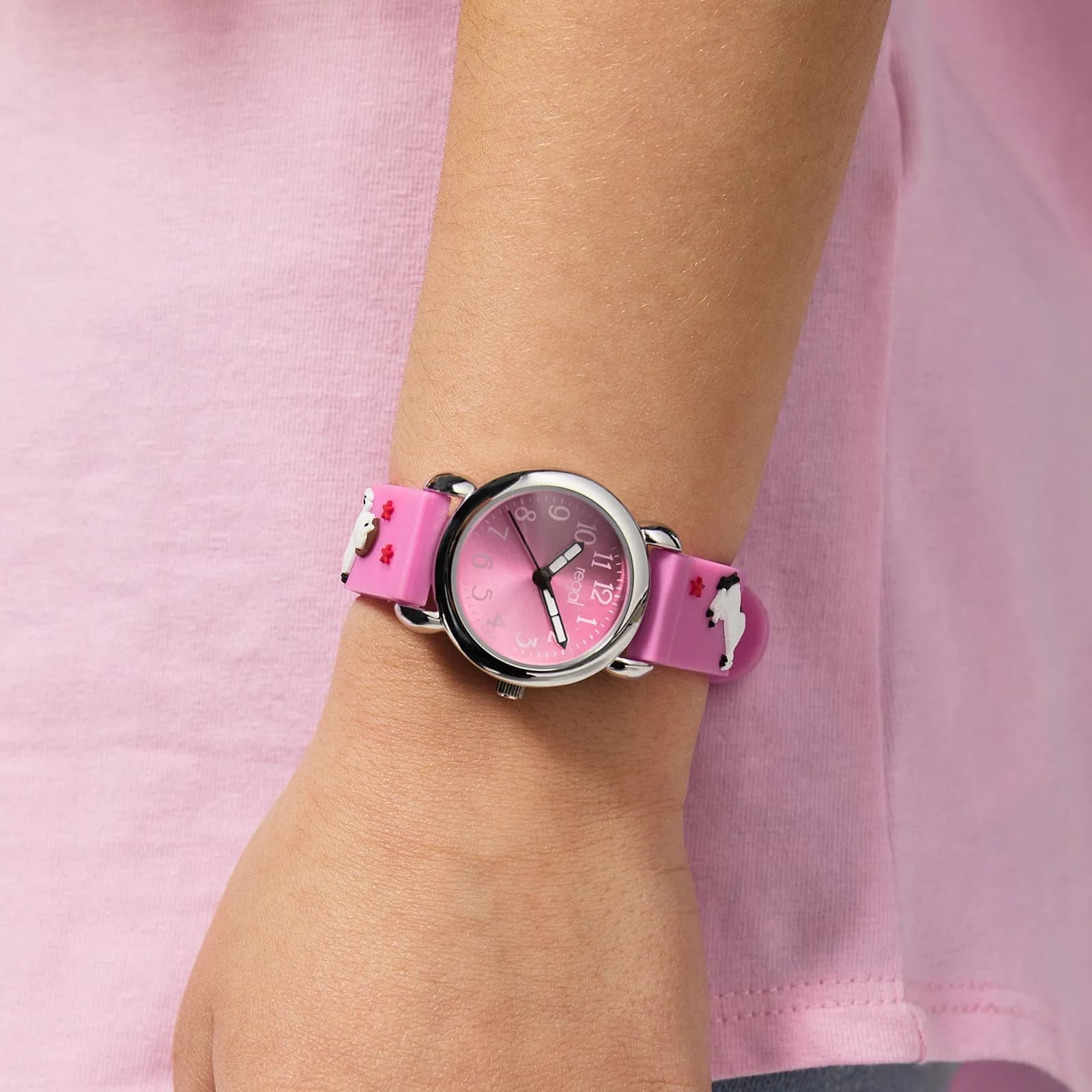 Regal barnklocka - rosa gummiband,  hästar, 27 mm 4