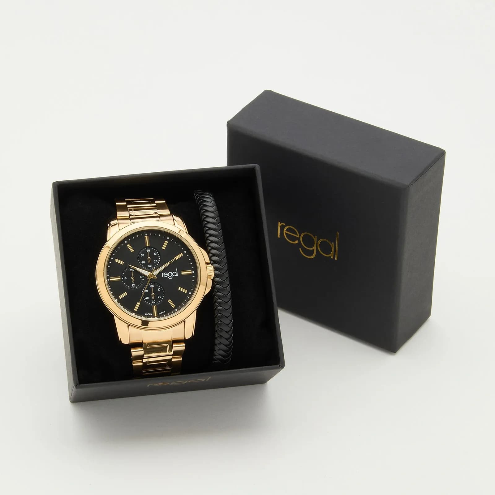 Regal klockset herr - metallband, guldton/svart, 45mm 2