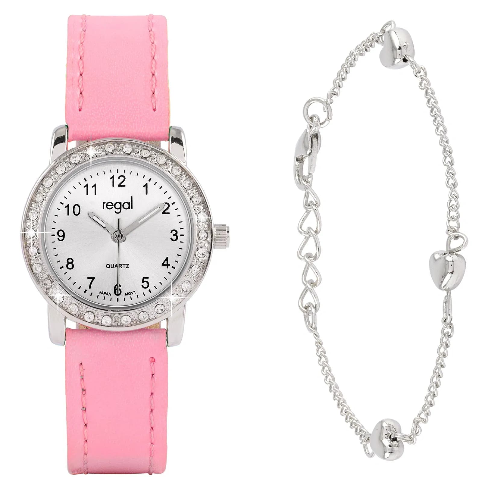 Regal barnklocka - set med armband, silver/rosa, 28 mm 2