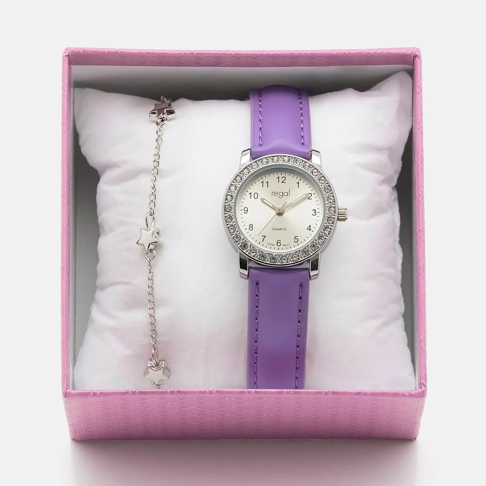 Lila barnklocka och armband i presentask