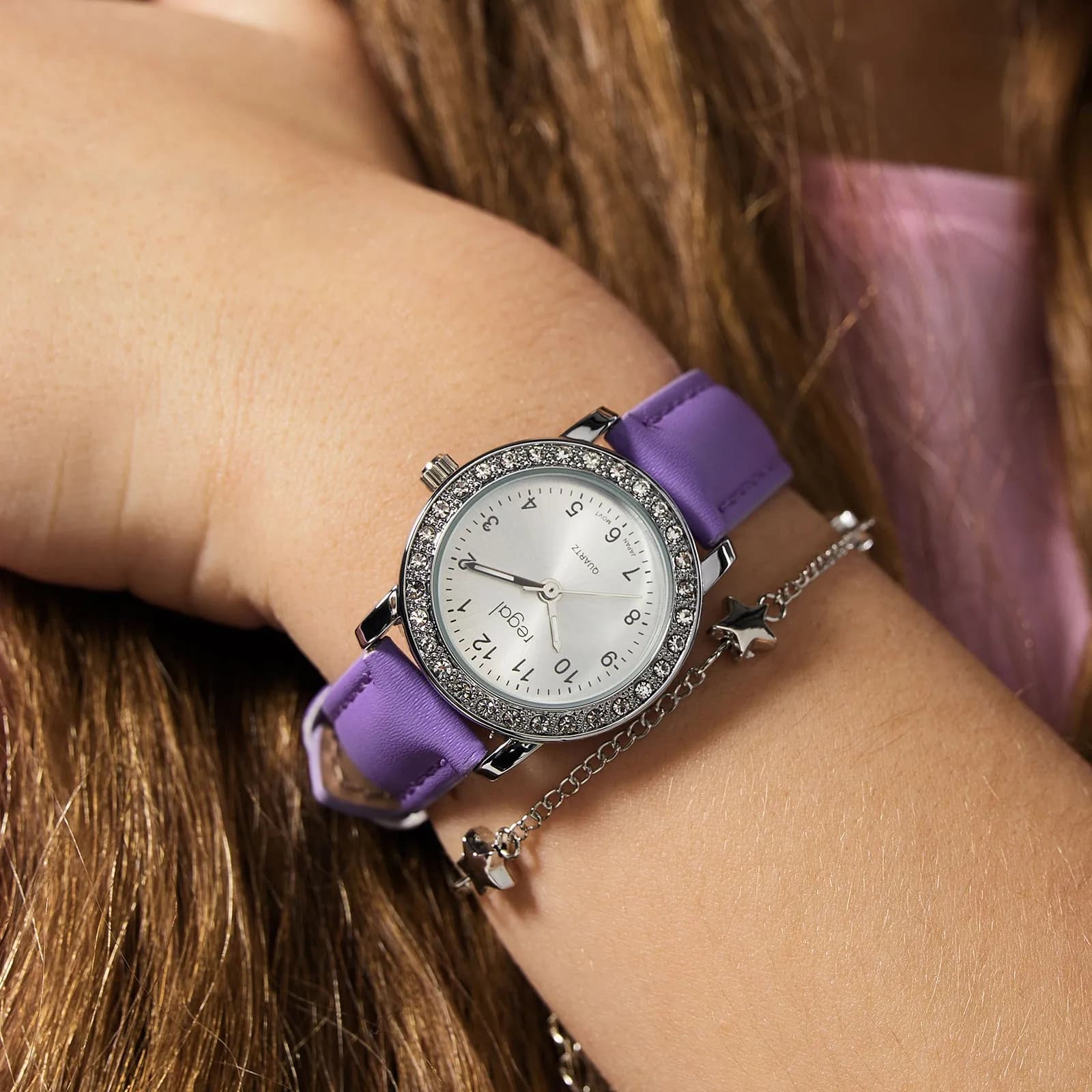 Regal barnklocka, set med armband, silver/lila 28 mm 4