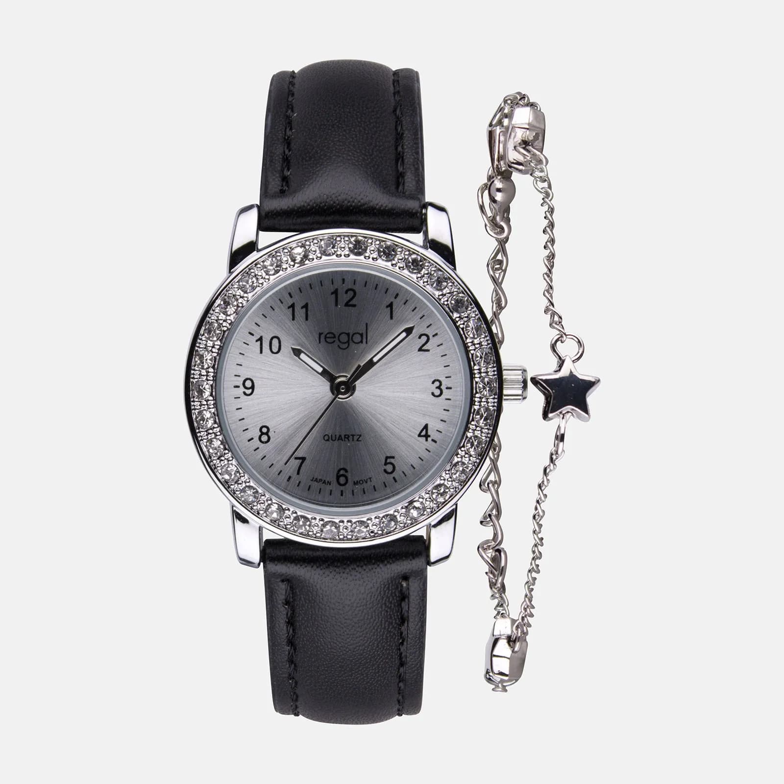 Regal barnklocka, set med armband, silver/svart 28 mm 2