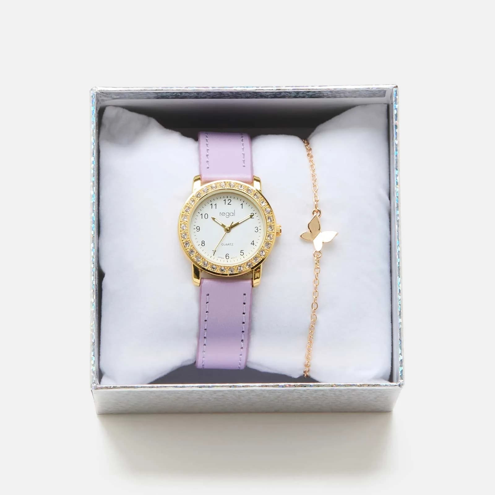 Regal barnklocka - set med armband, guld/ljuslila, 28 mm