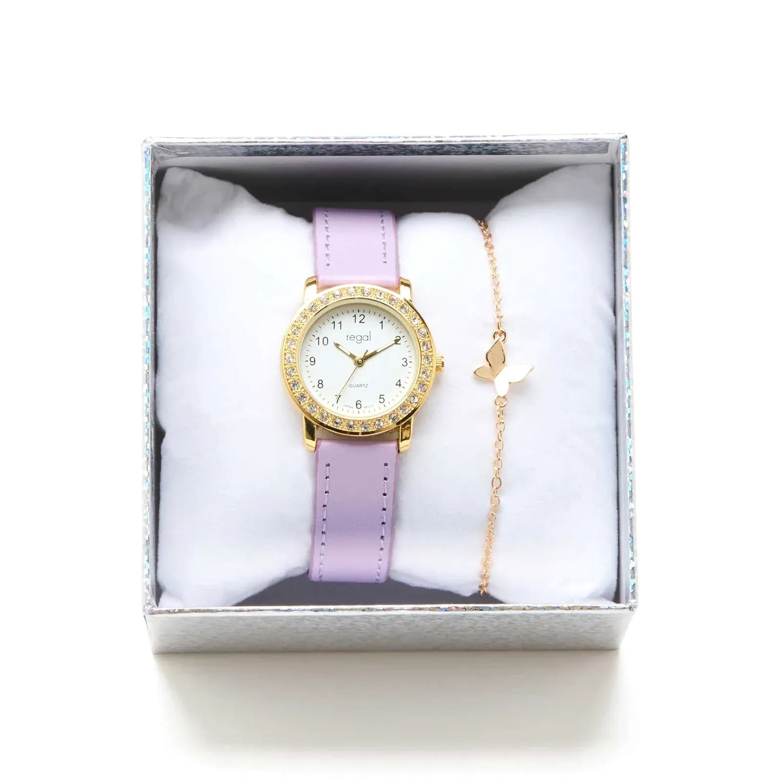 Regal barnklocka, set med armband, guld/ljuslila 28 mm