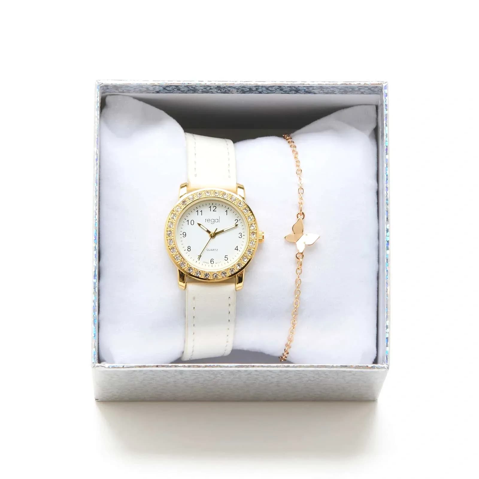 Regal barnklocka, set med armband, guld/vit 28 mm