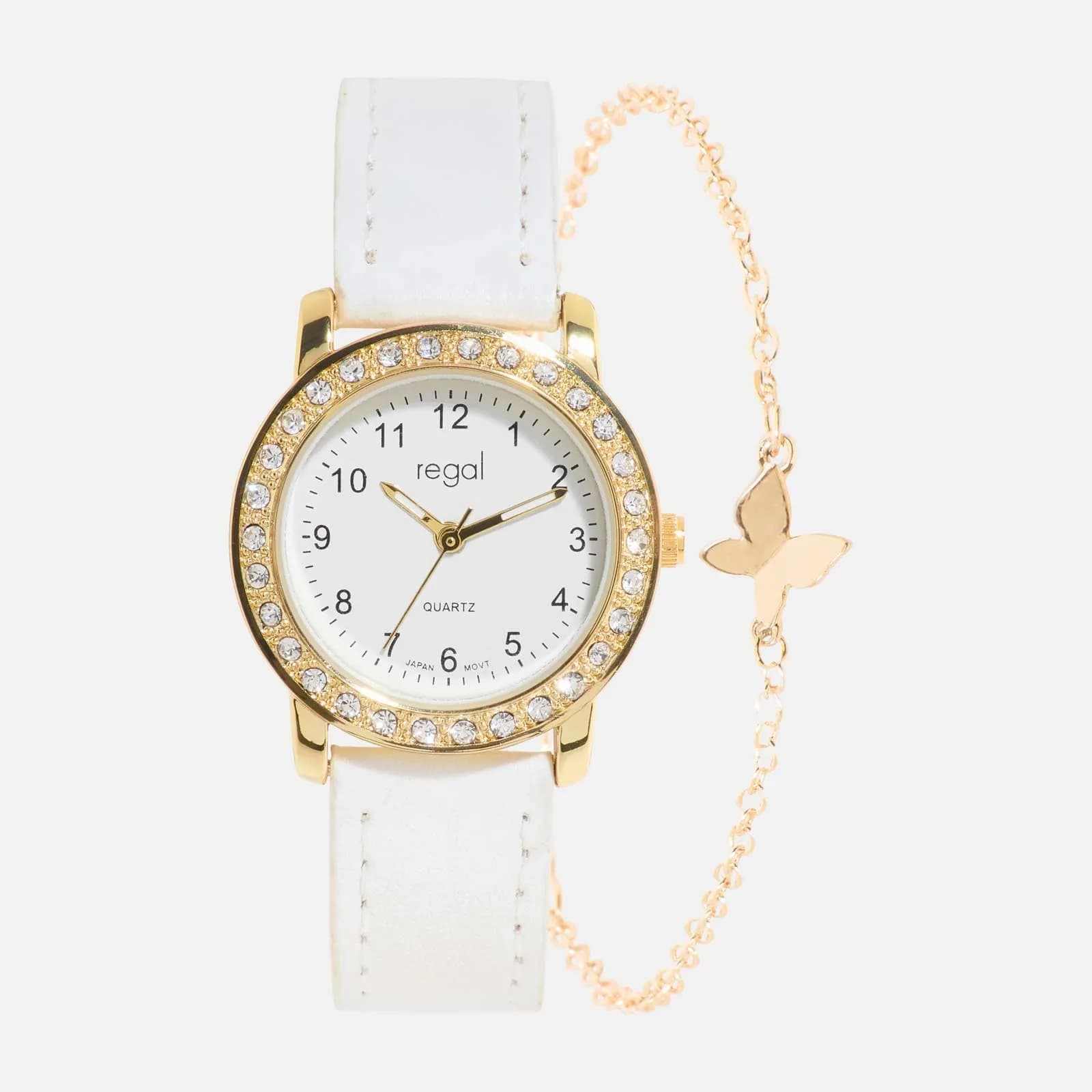 Regal barnklocka, set med armband, guld/vit 28 mm 2