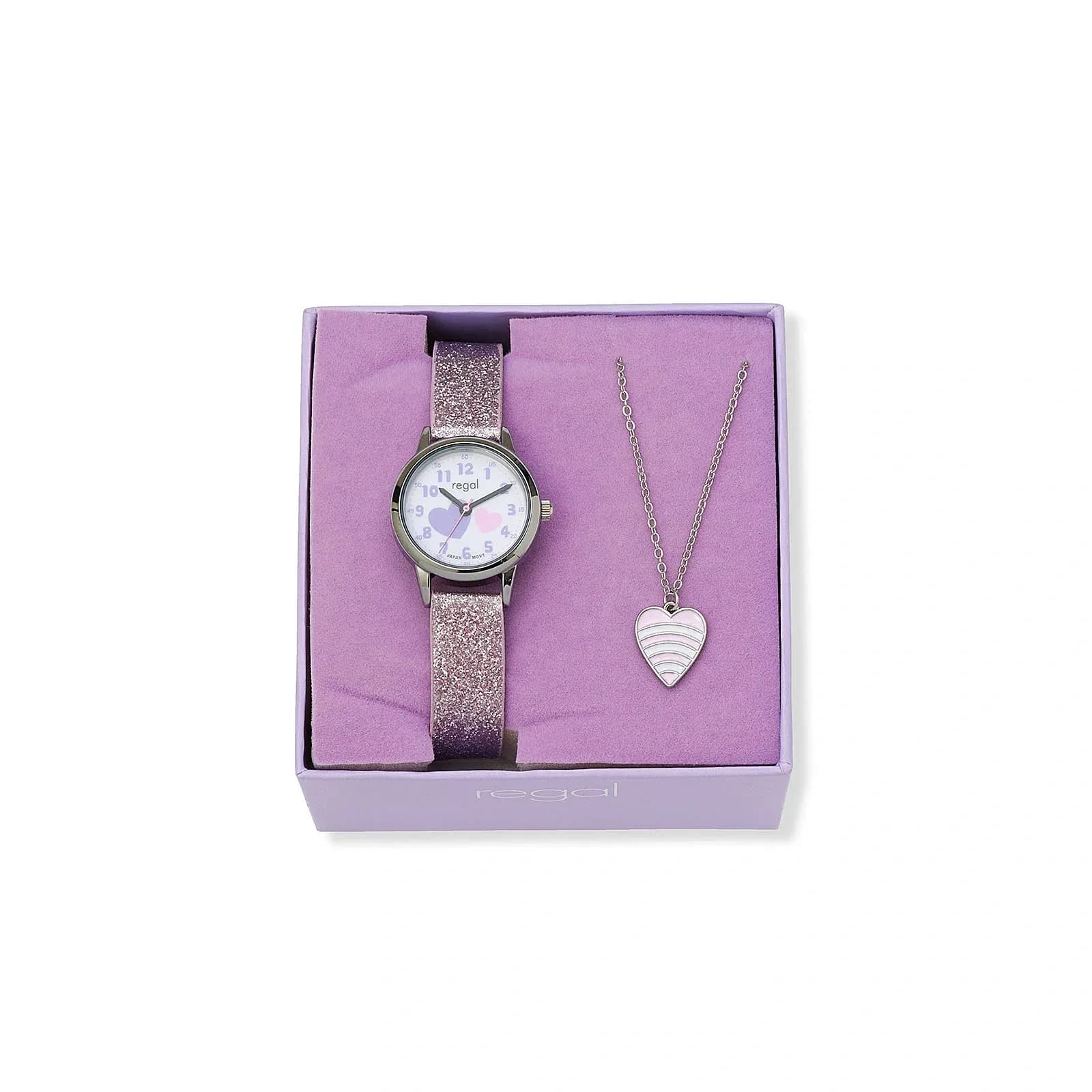 Regal barnklocka, set med halsband, silver/lila 26 mm