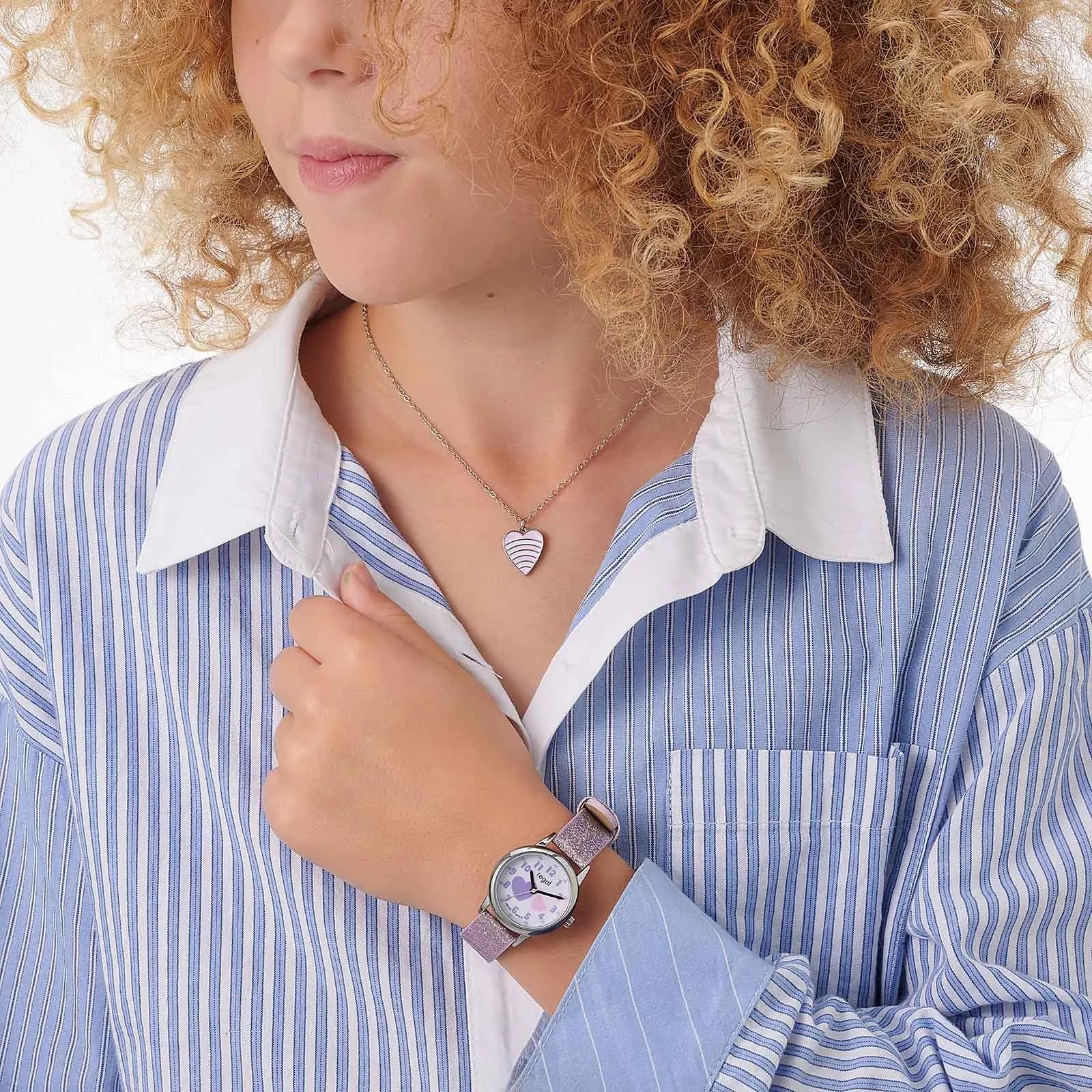 Regal barnklocka, set med halsband, silver/lila 26 mm 4