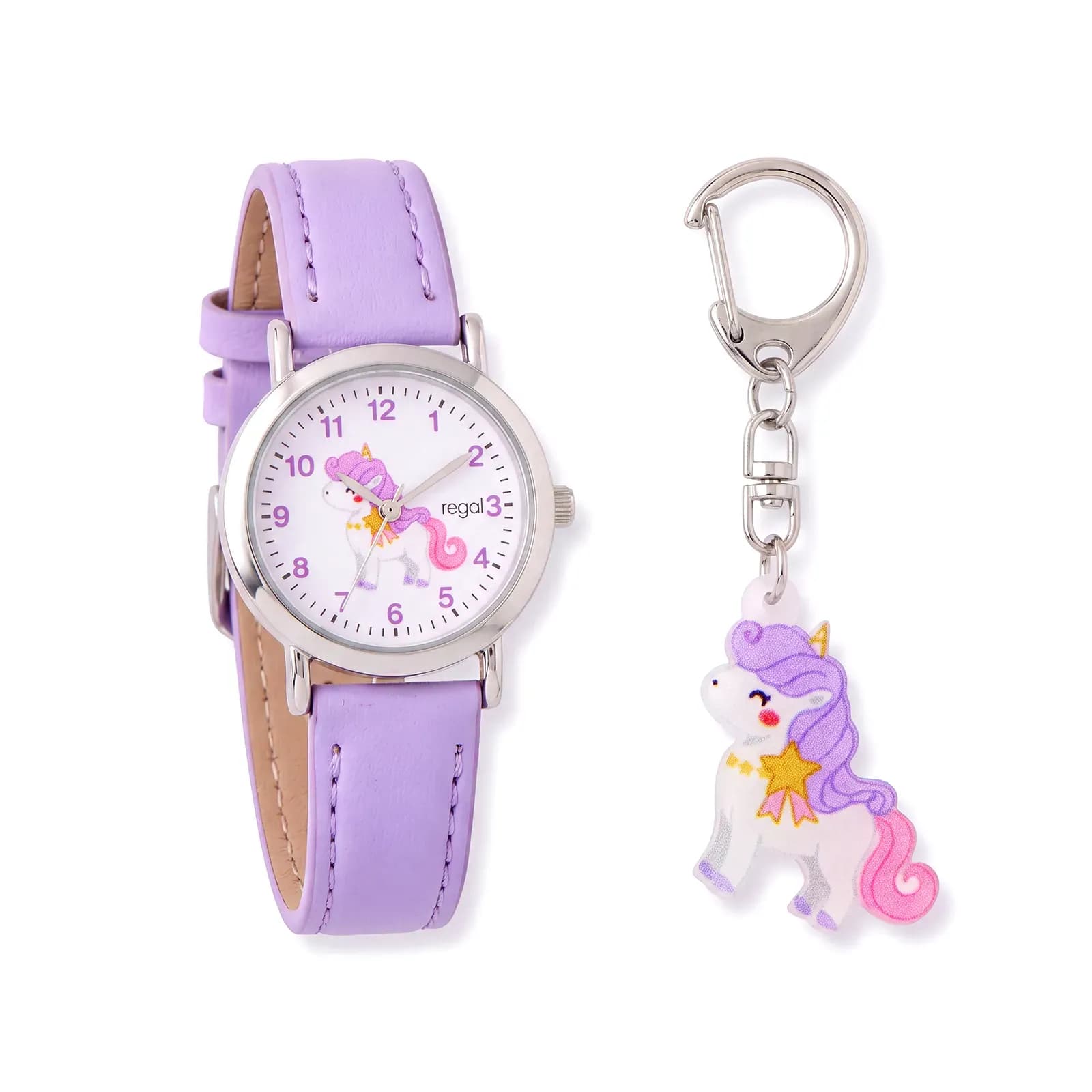 Regal barnklocka, set med nyckelring, silver/lila 28 mm 2