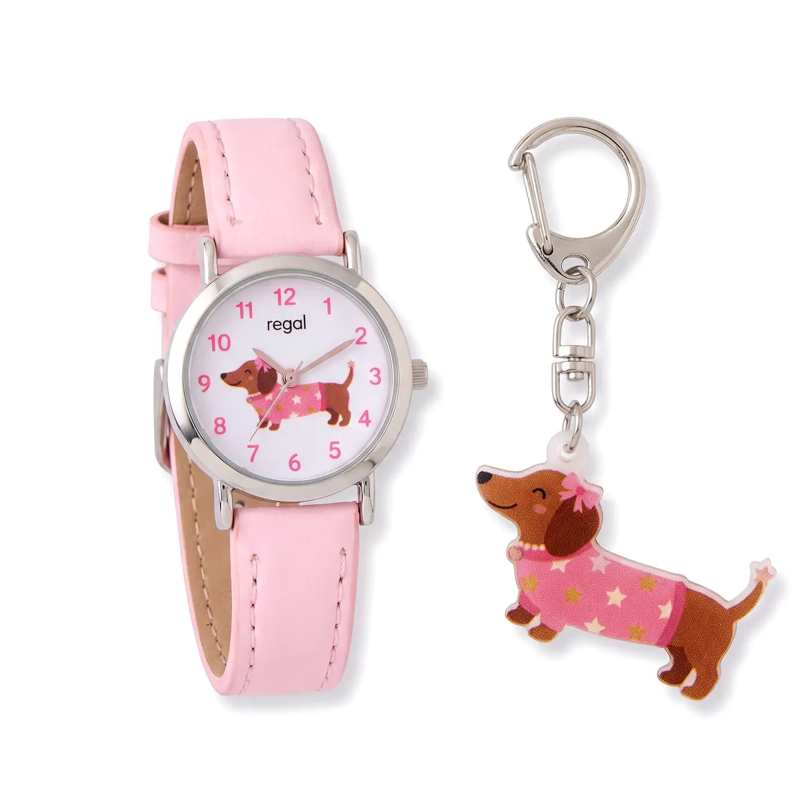 Regal barnklocka, set med nyckelring, silver/rosa 28 mm 2