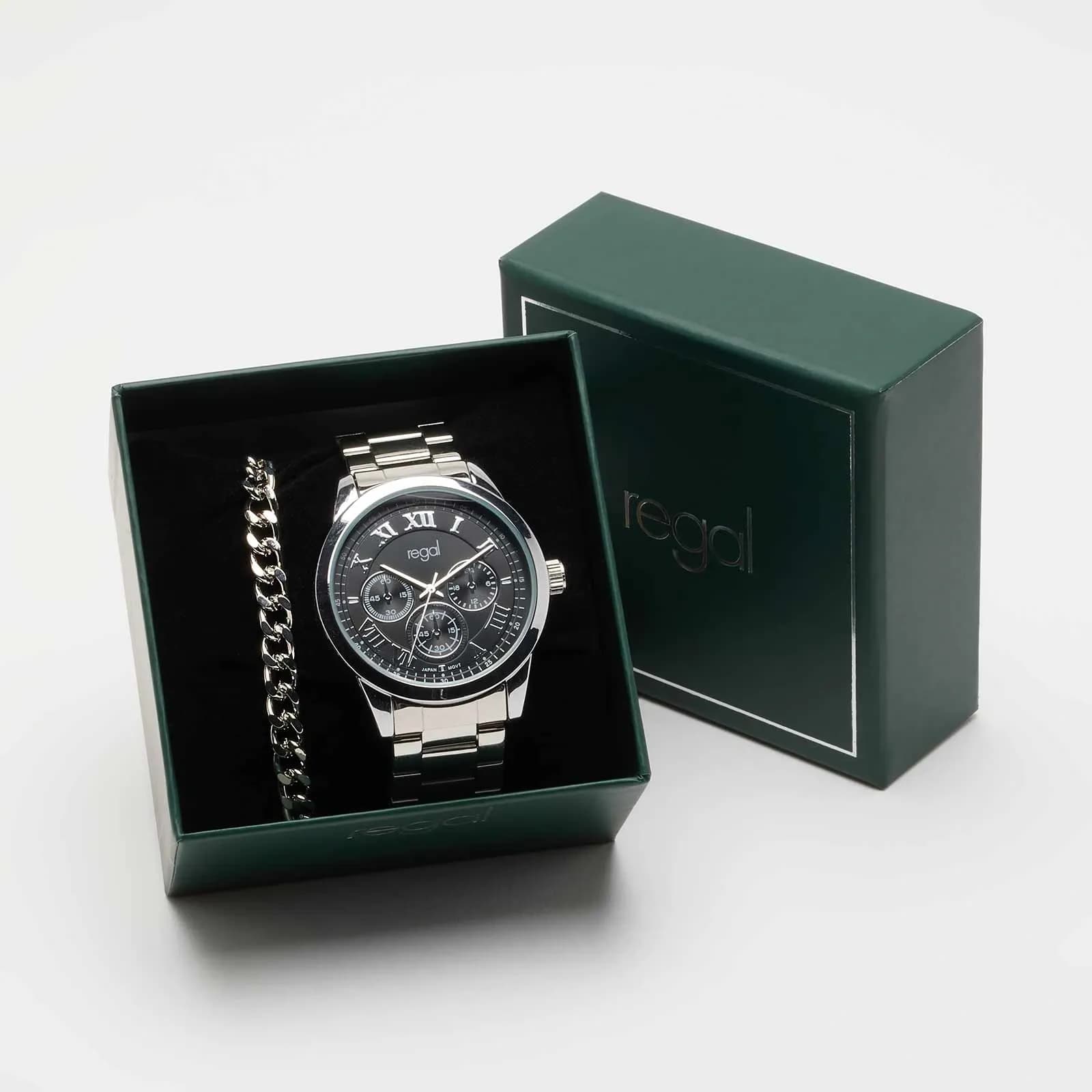 Regal klockset herr - metallband, silver/svart, 41mm