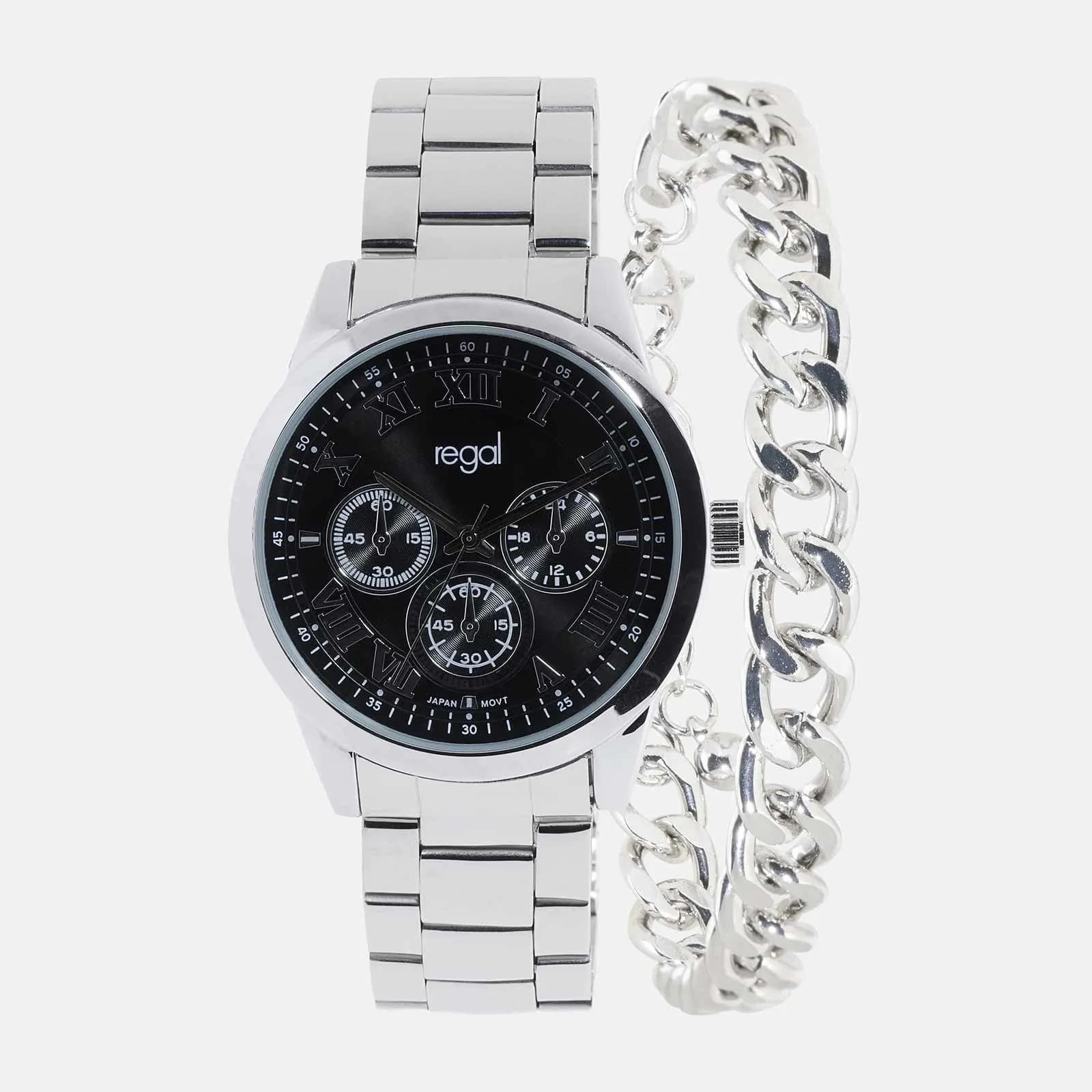 Regal klockset herr - metallband, silver/svart, 41mm 2