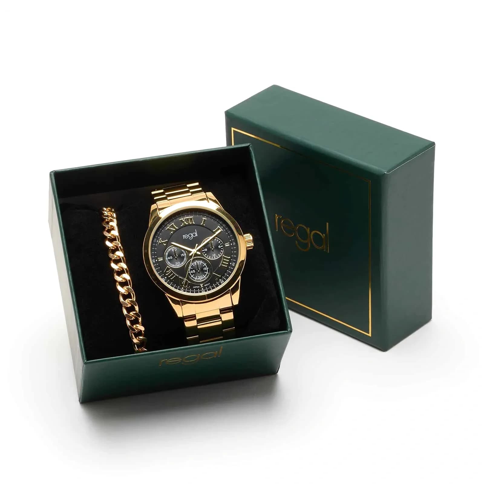 Regal klockset herr - metallband, guld/svart, 41mm