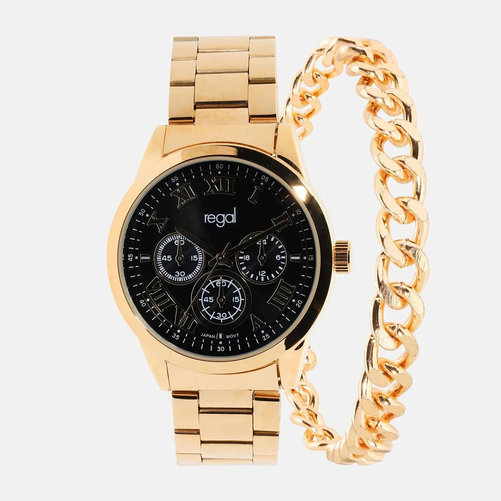 Regal klockset herr - metallband, guld/svart, 41mm 2