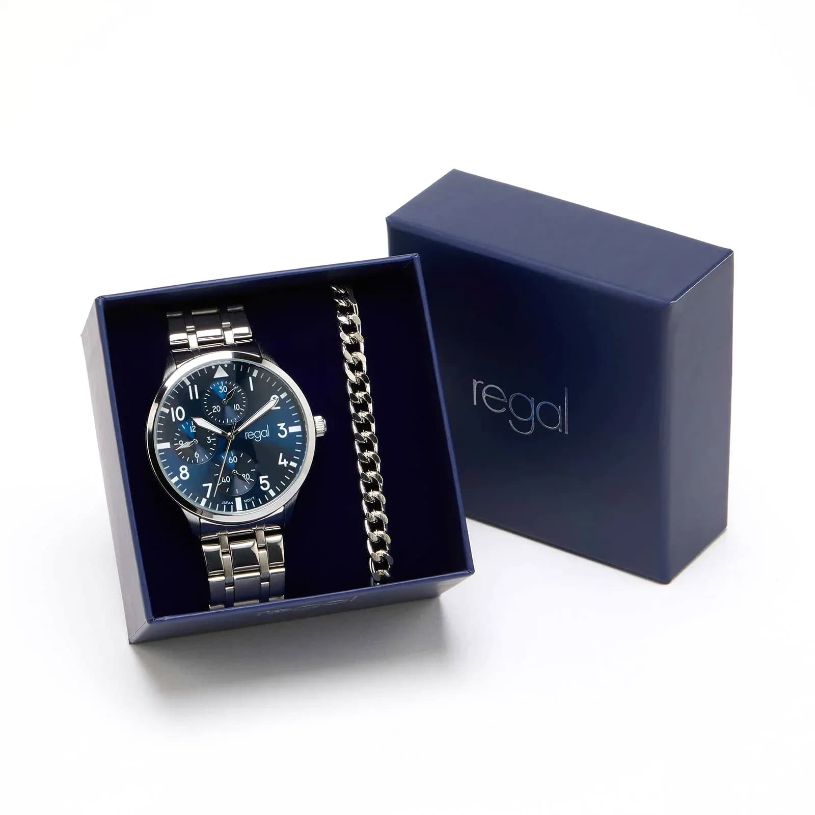Regal klockset herr - metall, silver/blå, 44mm