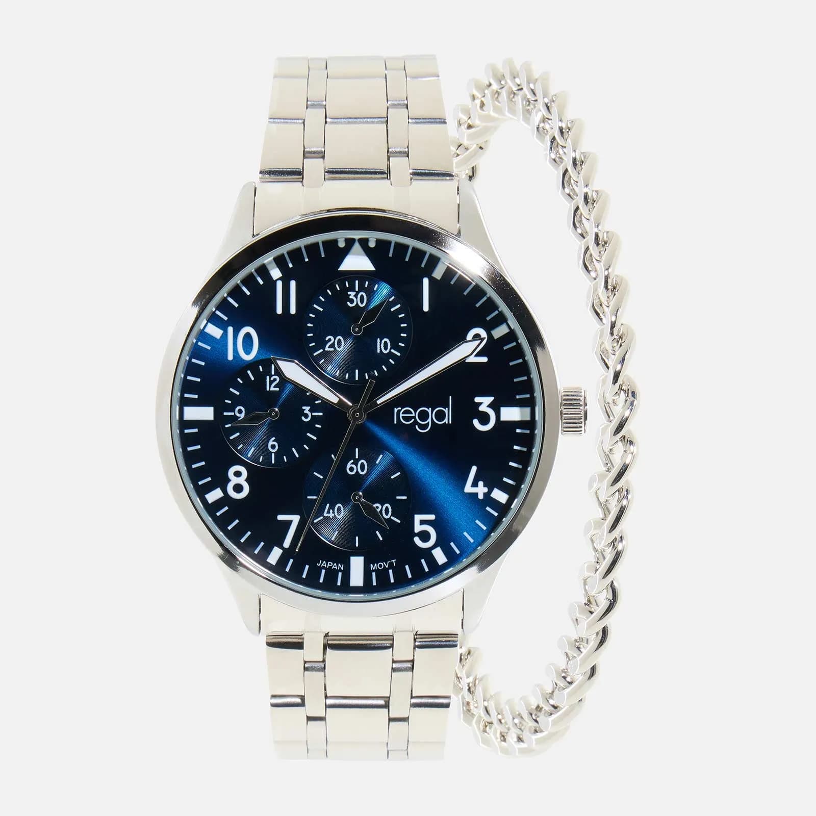 Regal klockset herr - metall, silver/blå, 44mm 2