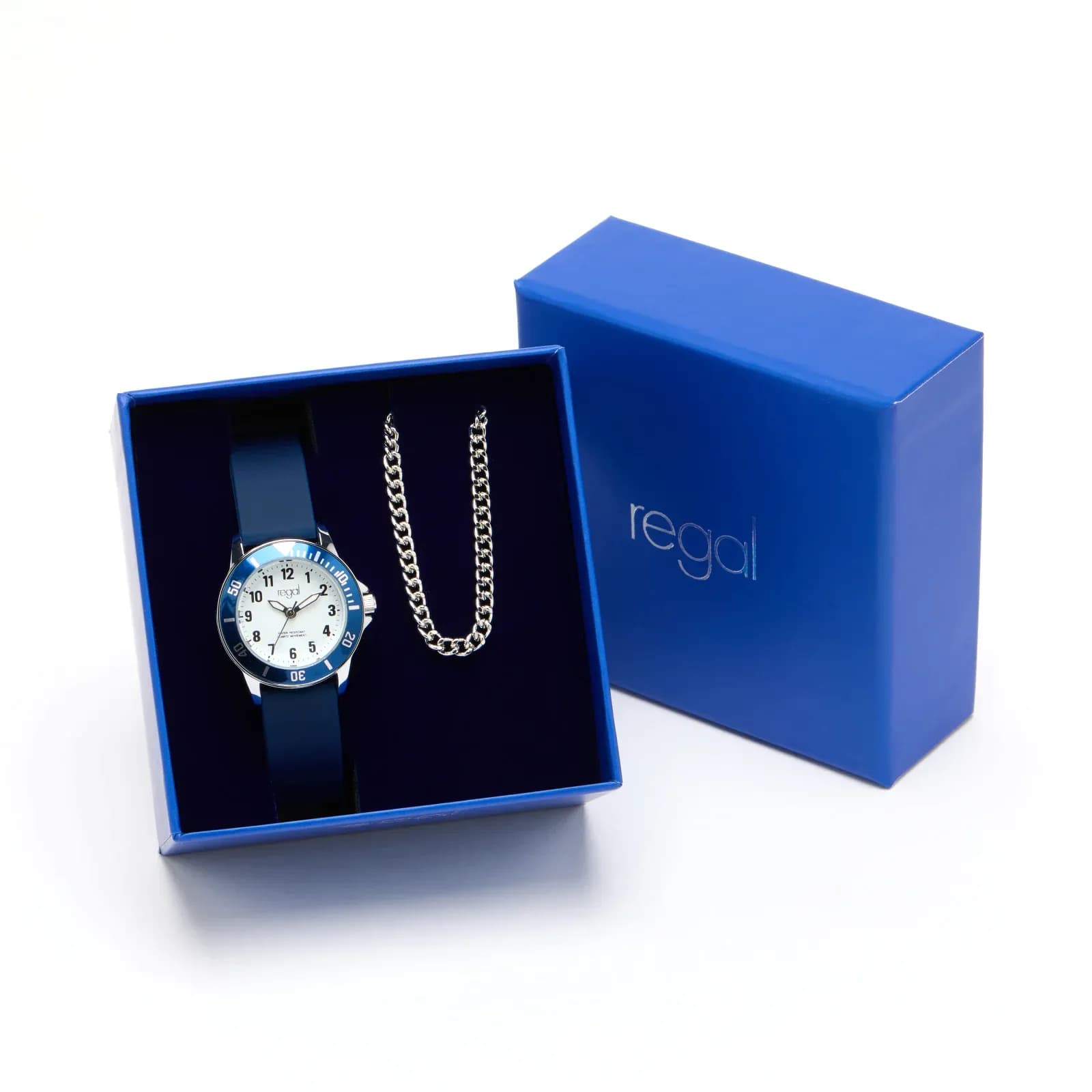 Regal barnklocka, set med halsband, silver/blå 32 mm