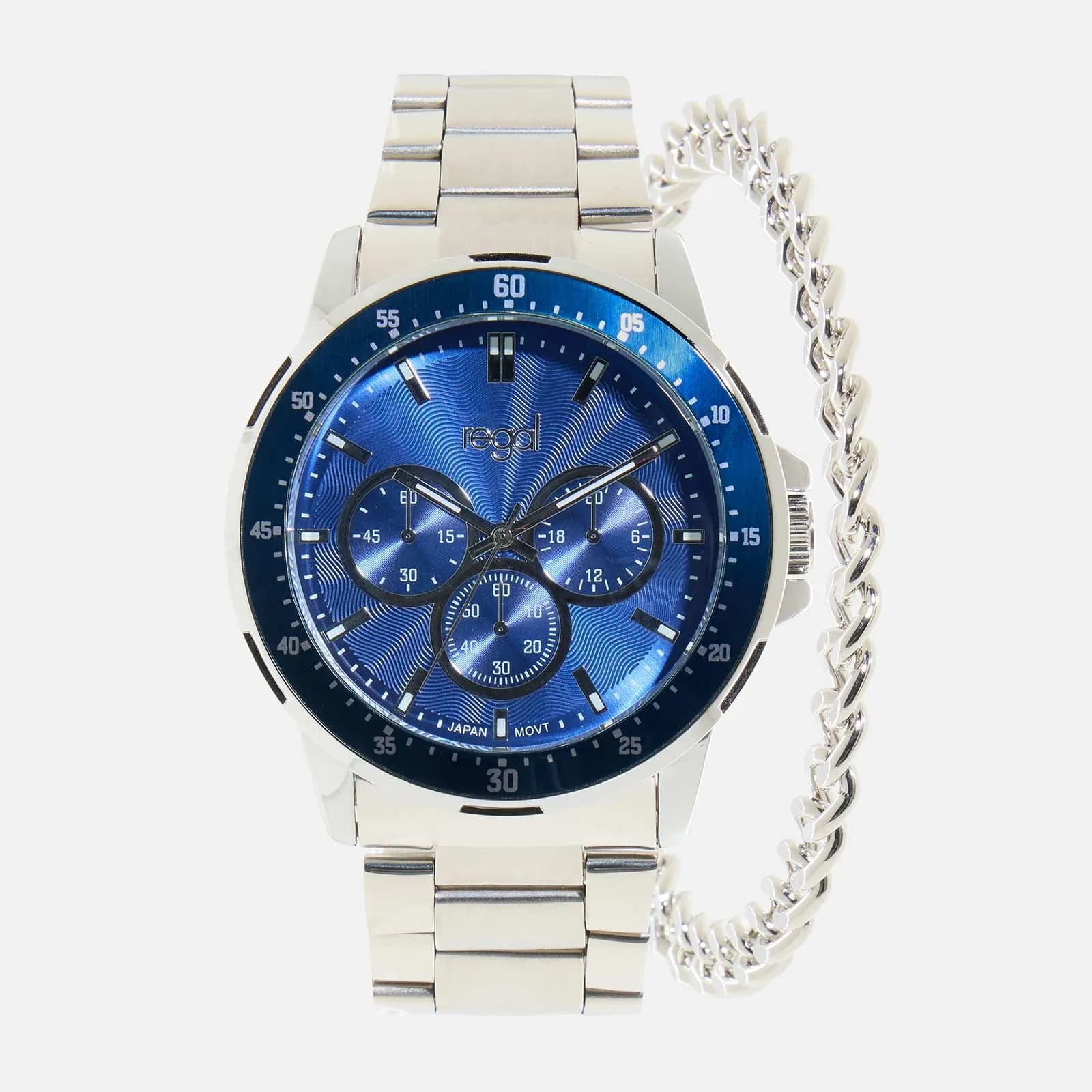Regal klockset herr - metall, silver/blå, 45mm 2