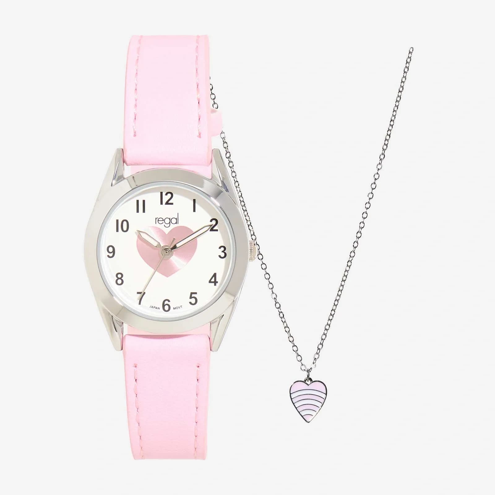 Regal barn klockset med halsband - rosa, hjärta