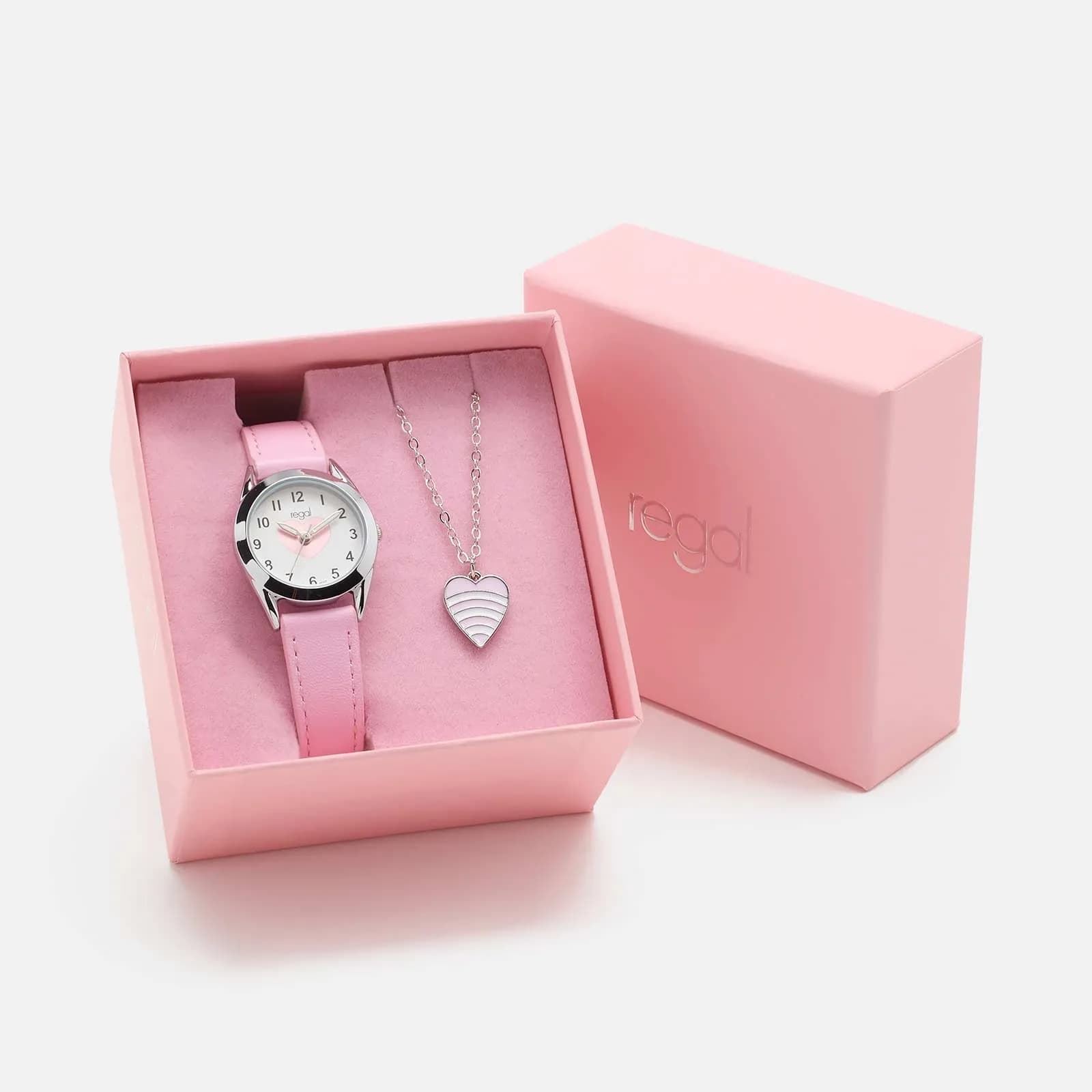 Regal barnklocka, set med halsband, silver/rosa 27 mm 2