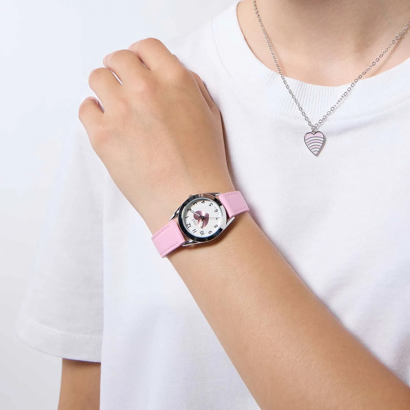 Regal barnklocka, set med halsband, silver/rosa 27 mm 4