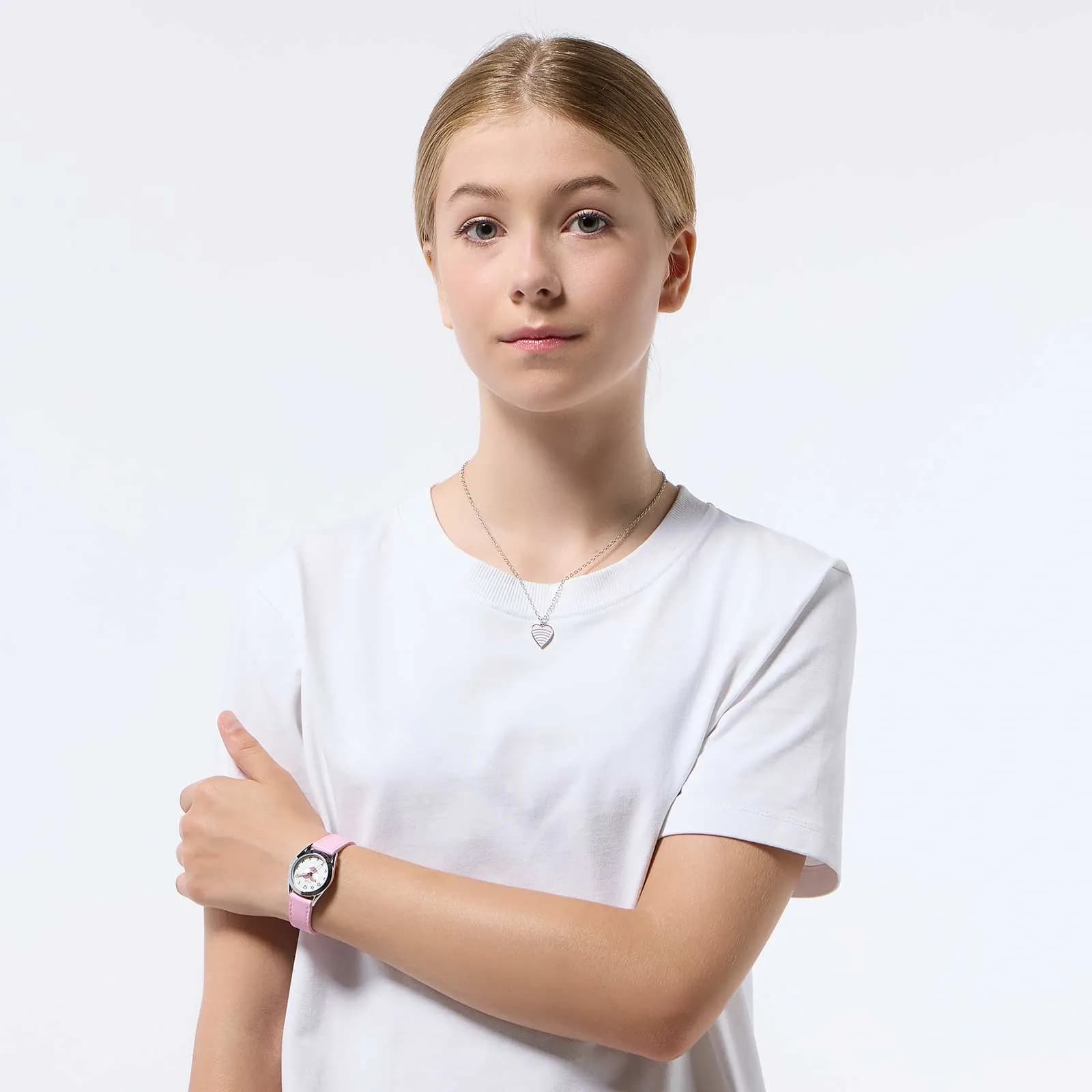 Regal barnklocka, set med halsband, silver/rosa 27 mm 6