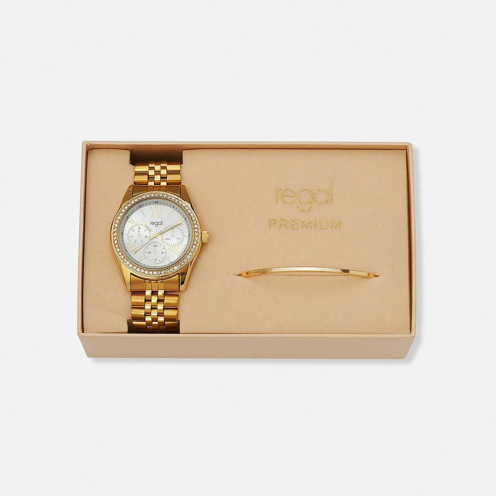 Regal klockset dam, metall, vit/guld - 38 mm