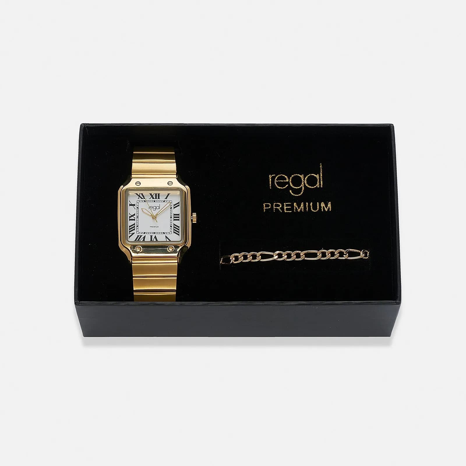 Regal klockset herr, fyrkantig, vit/guld - 33x33 mm 1