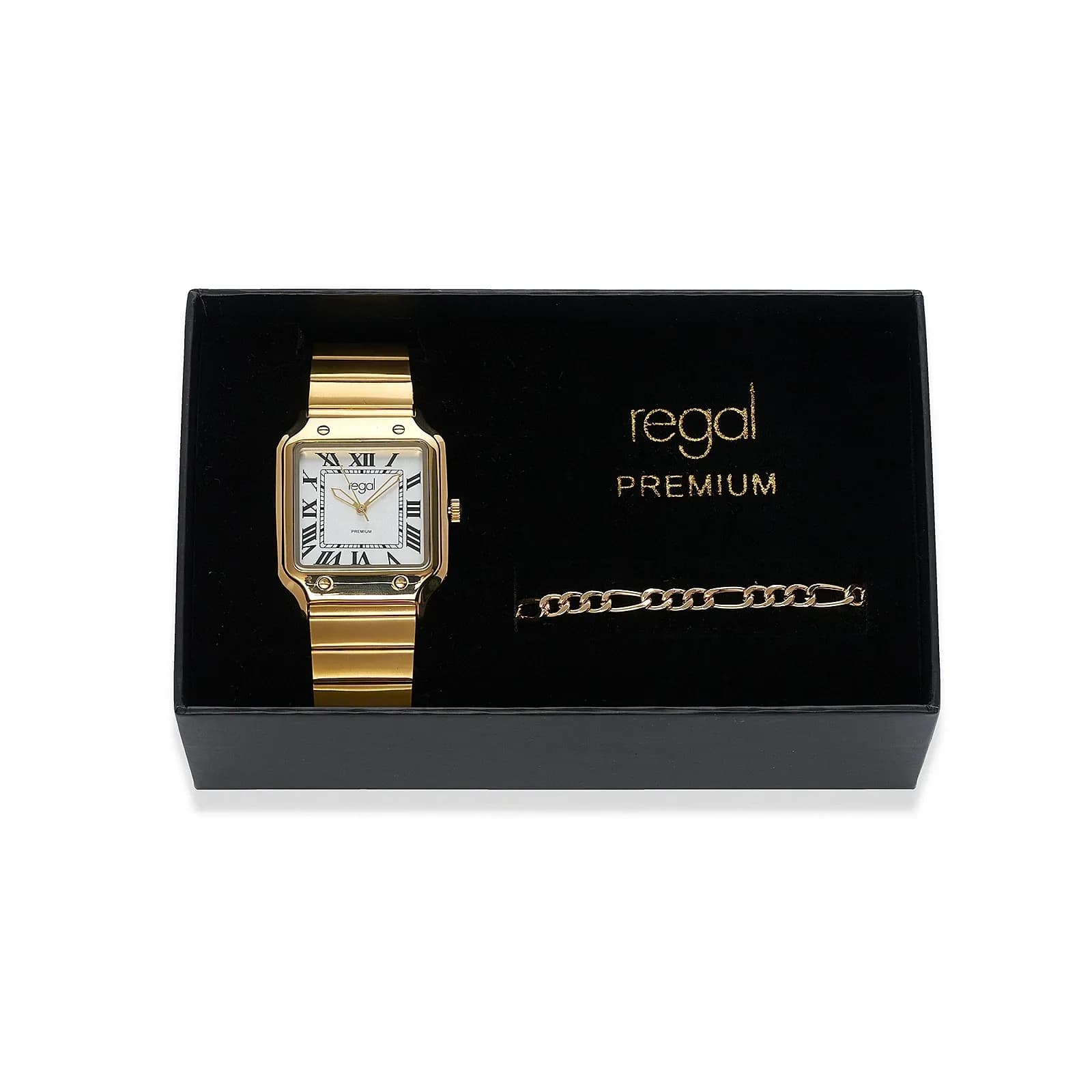 Regal klockset herr, fyrkantig, vit/guld - 33x33 mm