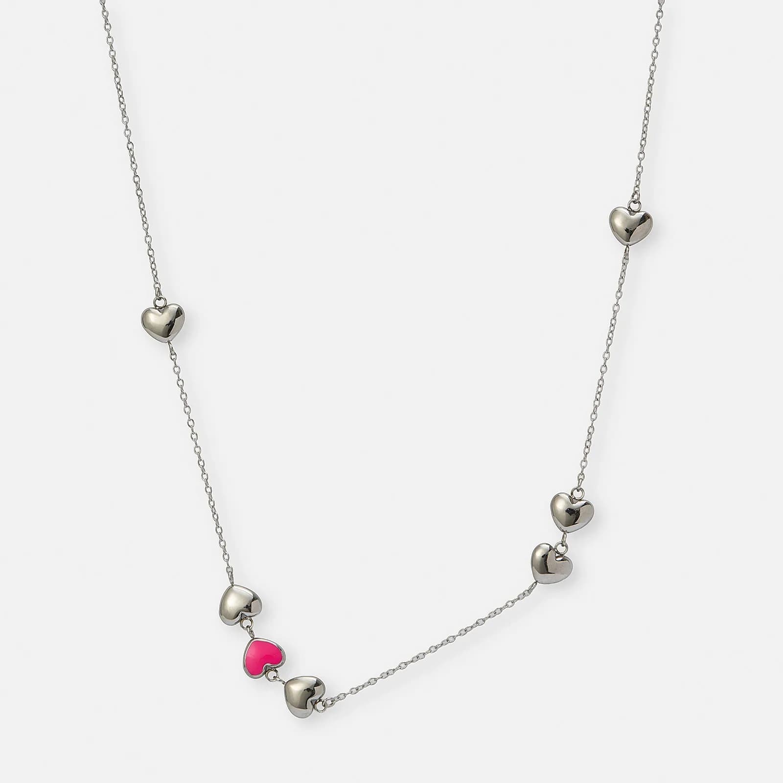 Halsband i stål - hjärtan med rosa emalj, 37+3 cm