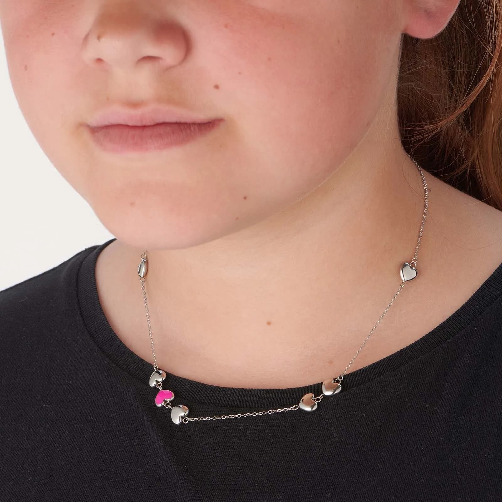 Halsband i stål - hjärtan med rosa emalj, 37+3 cm 2